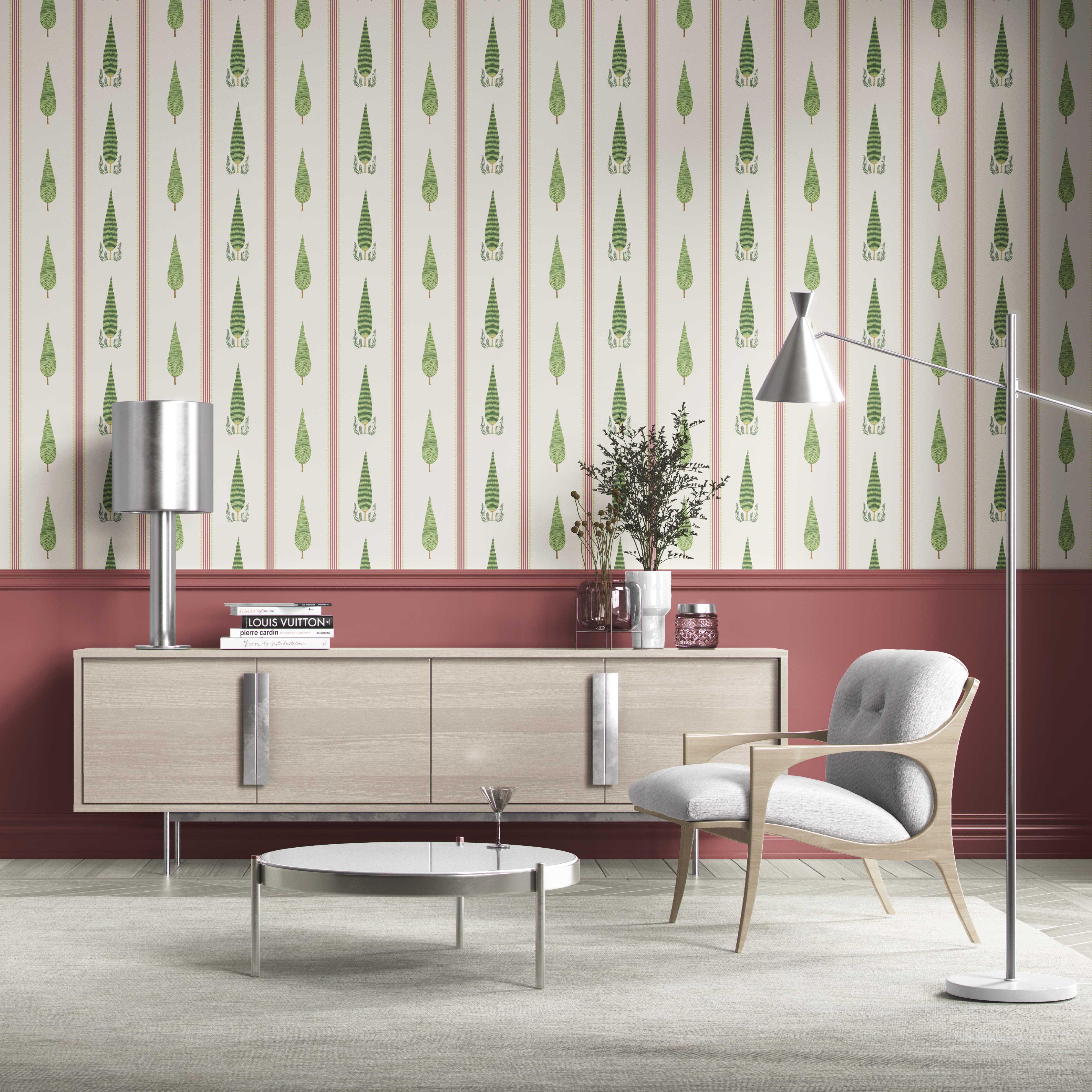 Modern Floral/ Botanical Leaf Print Kitchen Wallpaper (Red/ Green/ White)