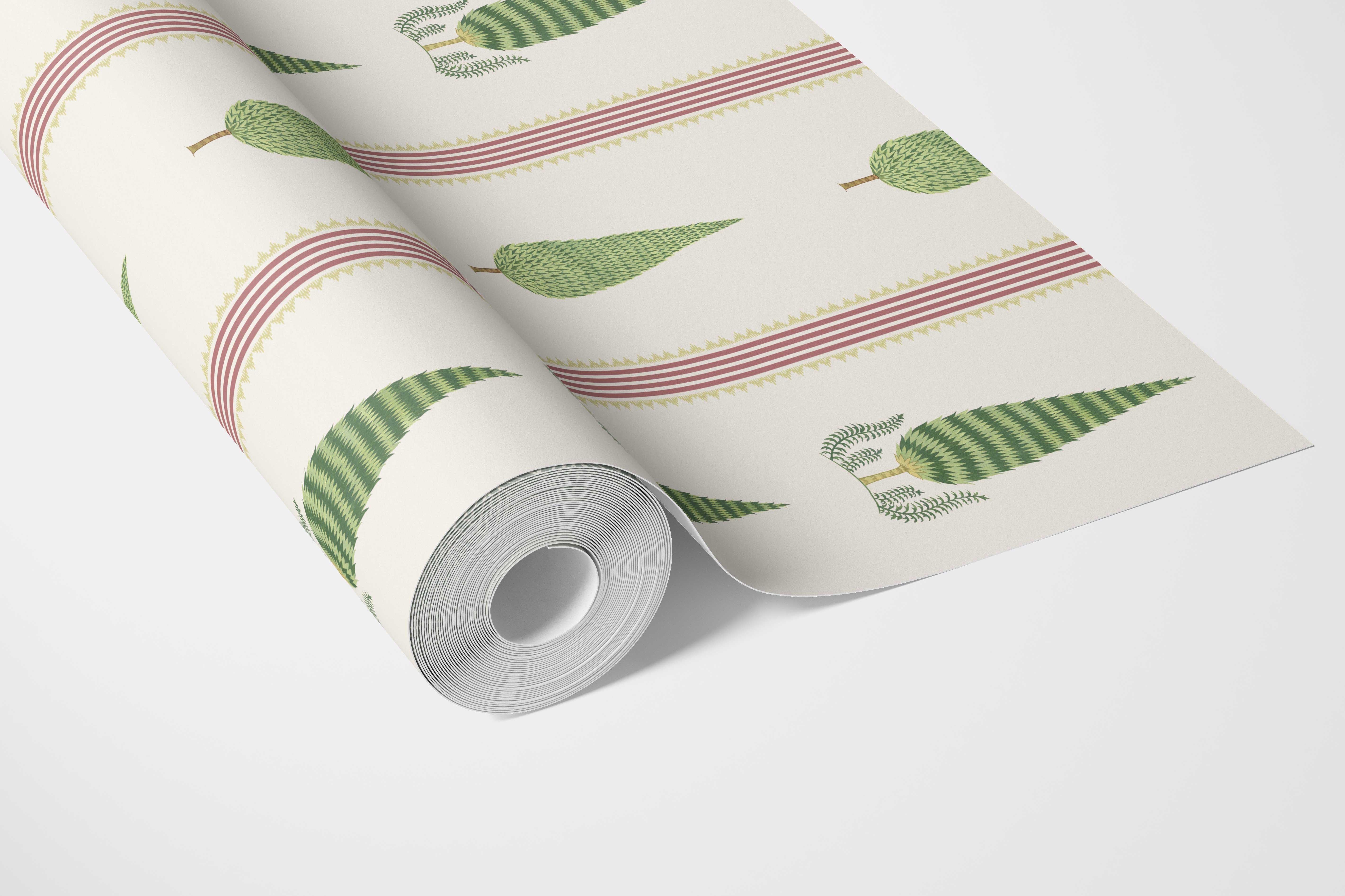 Modern Floral/ Botanical Leaf Print Bathroom Wallpaper Sample (Red/ Green/ White)