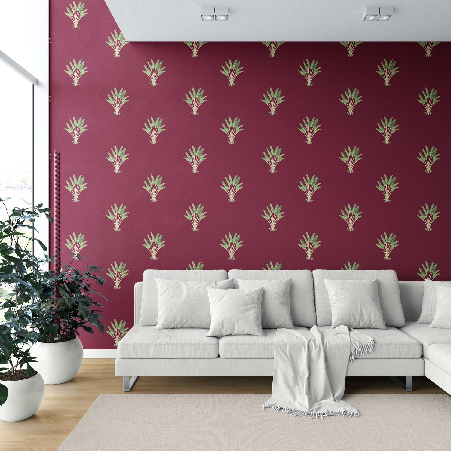 Botanical/ Floral Block Print Shower Toilet Wallpaper (Deep Red/ Green)