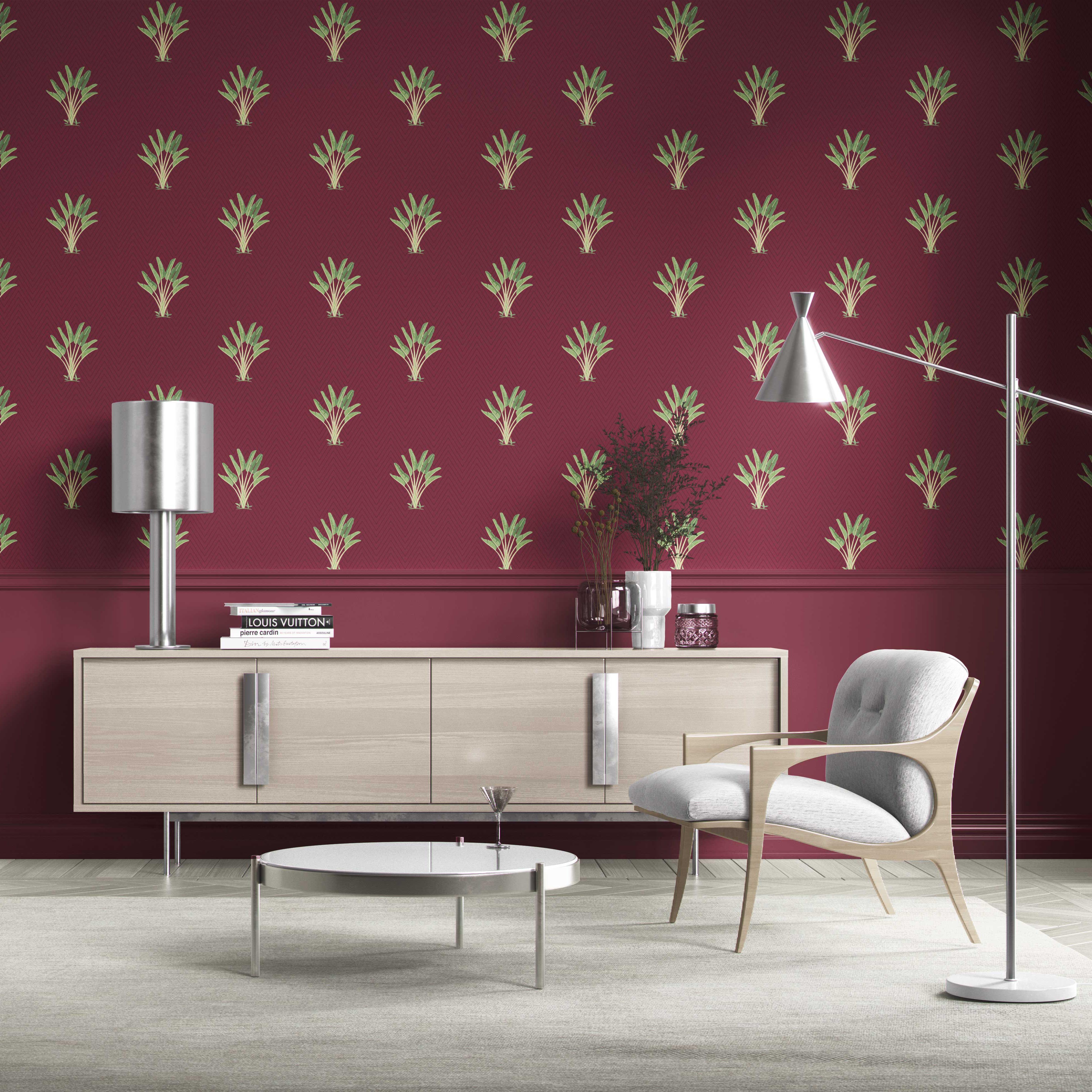 Botanical/ Floral Block Print Traditional Wallpaper Sample (Deep Red/ Green)
