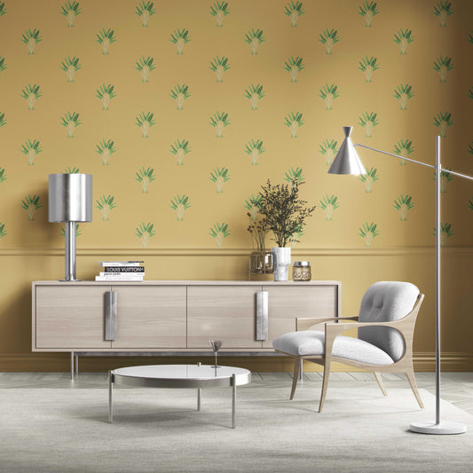 Botanical/ Floral Block Print Traditional Wallpaper Sample (Mustard Yellow/ Green)