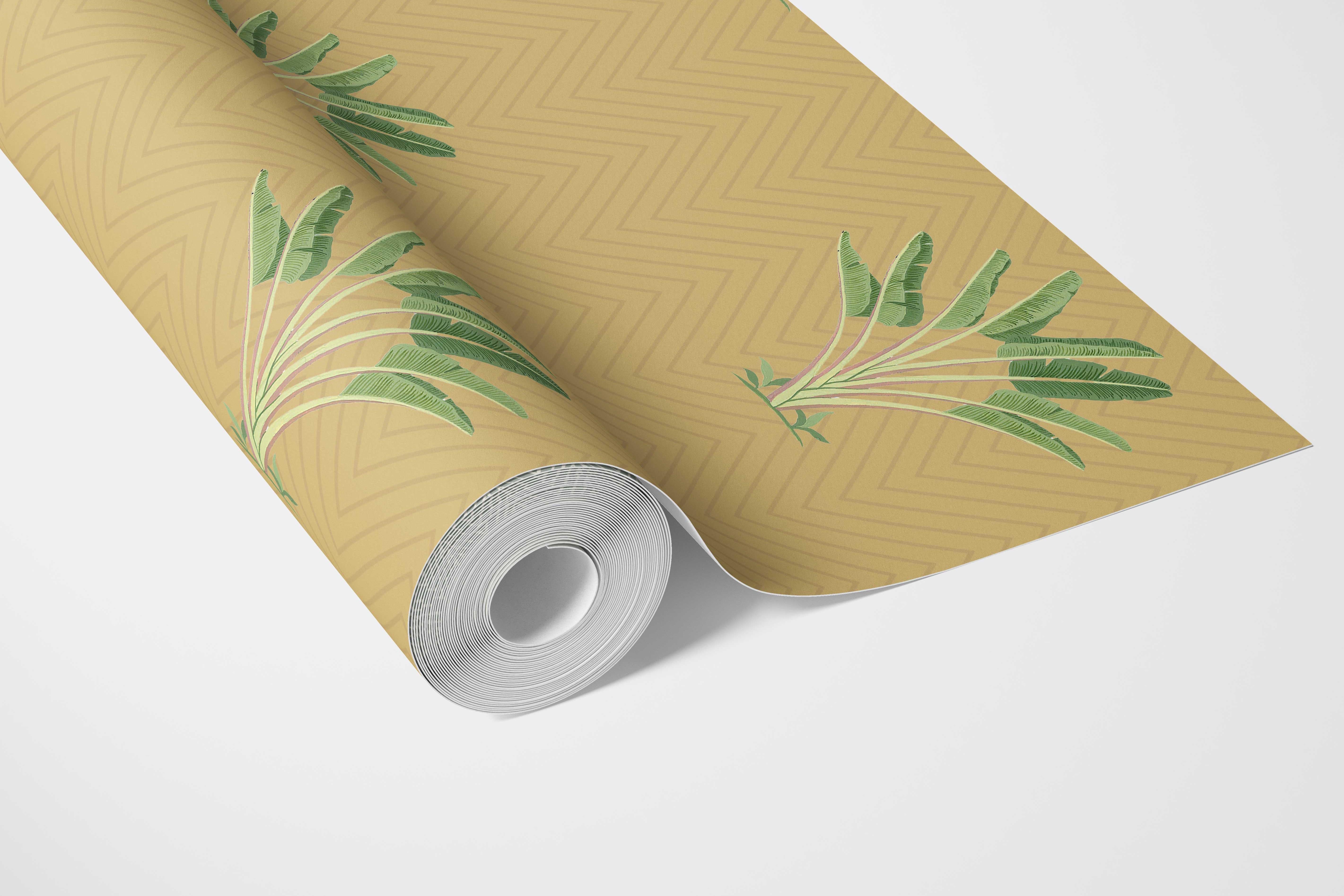Botanical/ Floral Block Print Bathroom Wallpaper Sample (Mustard Yellow/ Green)