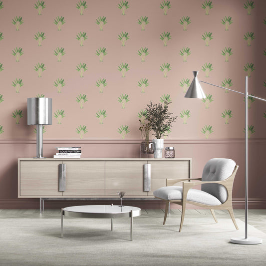 Botanical/ Floral Block Print Traditional Wallpaper Sample (Dusty Pink/ Green)