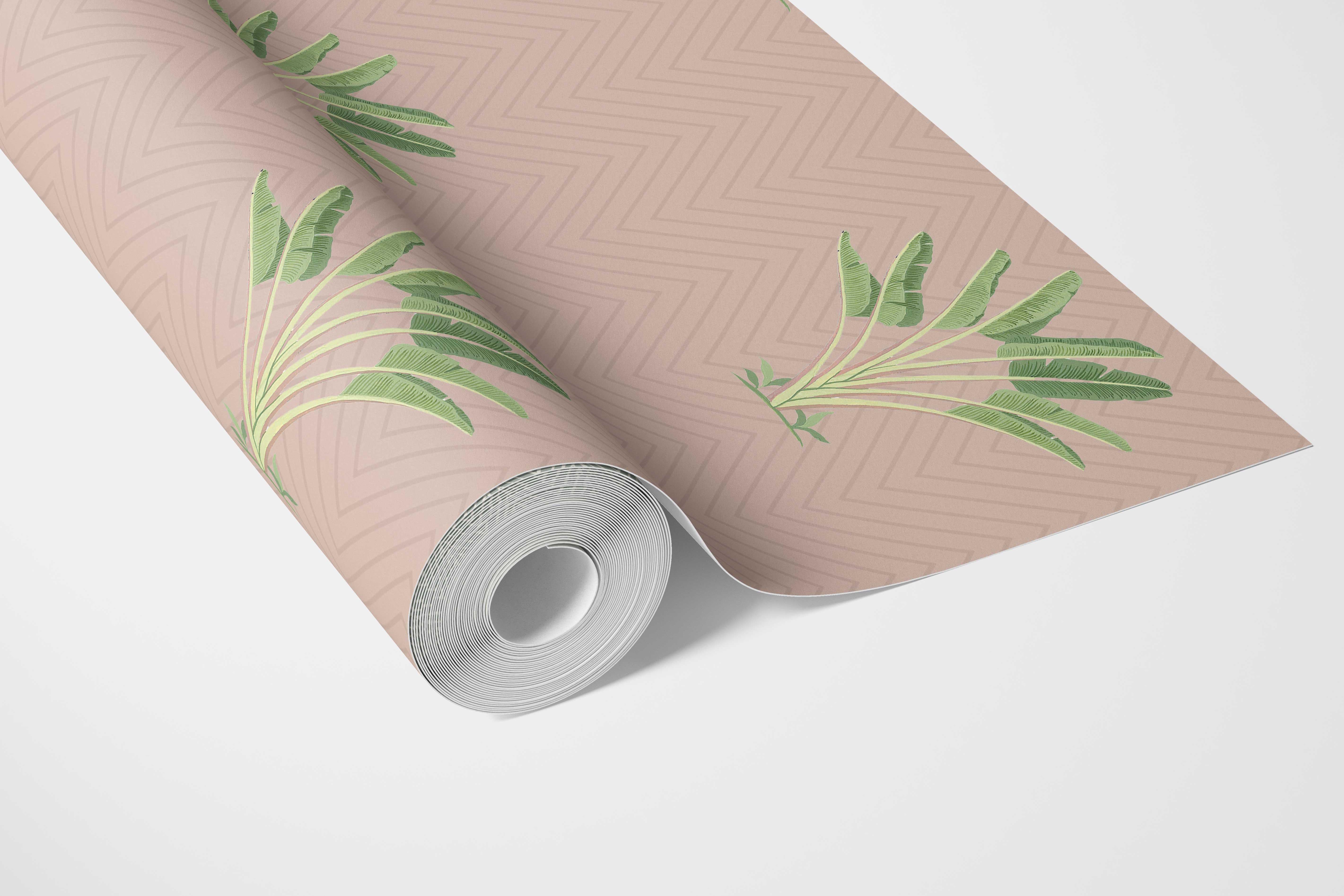 Botanical/ Floral Block Print Bathroom Wallpaper (Dusty Pink/ Green)