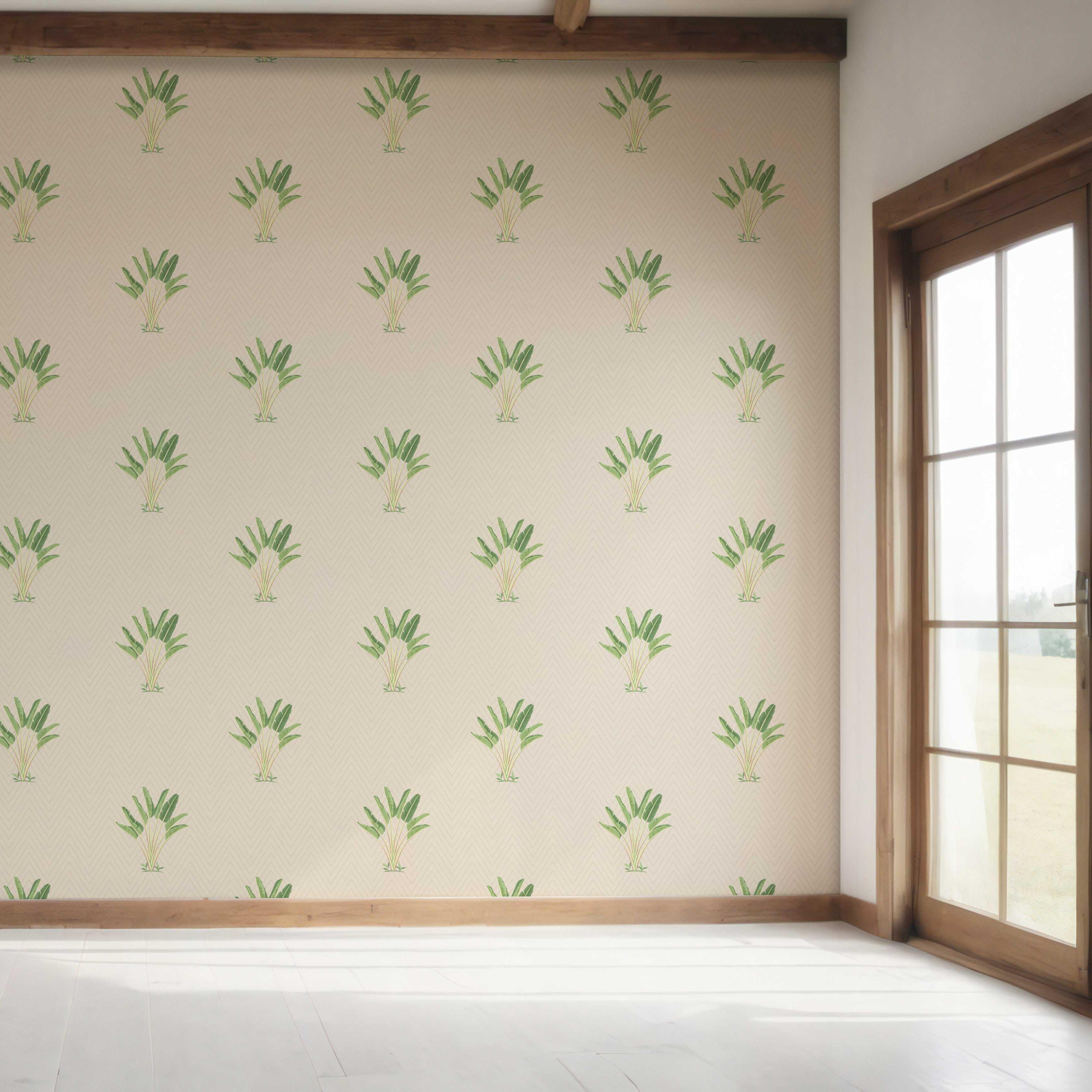 Botanical/ Floral Block Print Bedroom Wallpaper (Beige/ Greige/ Green)