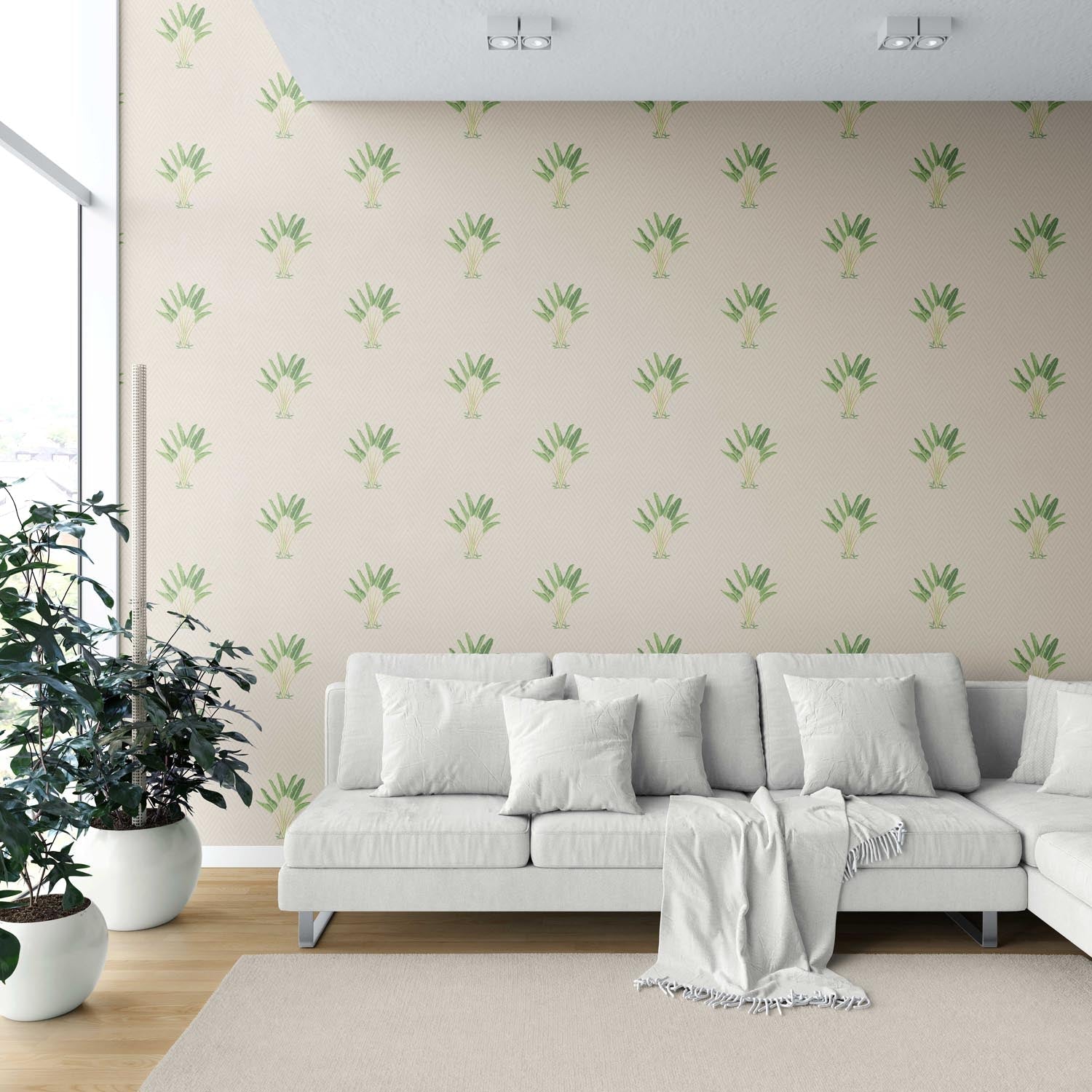 Botanical/ Floral Block Print Shower Toilet Wallpaper Sample (Beige/ Greige/ Green)
