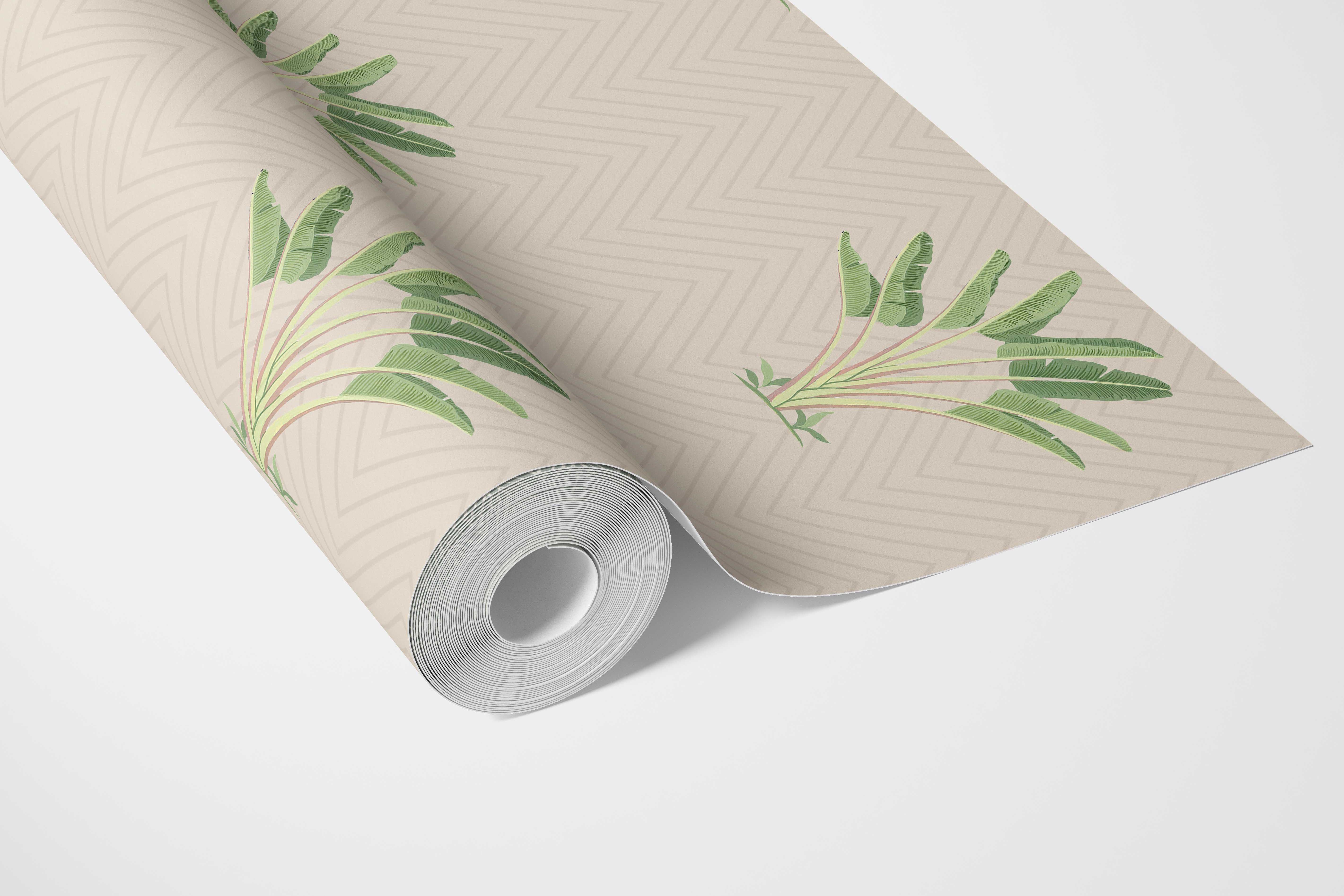 Botanical/ Floral Block Print Bathroom Wallpaper Sample (Beige/ Greige/ Green)
