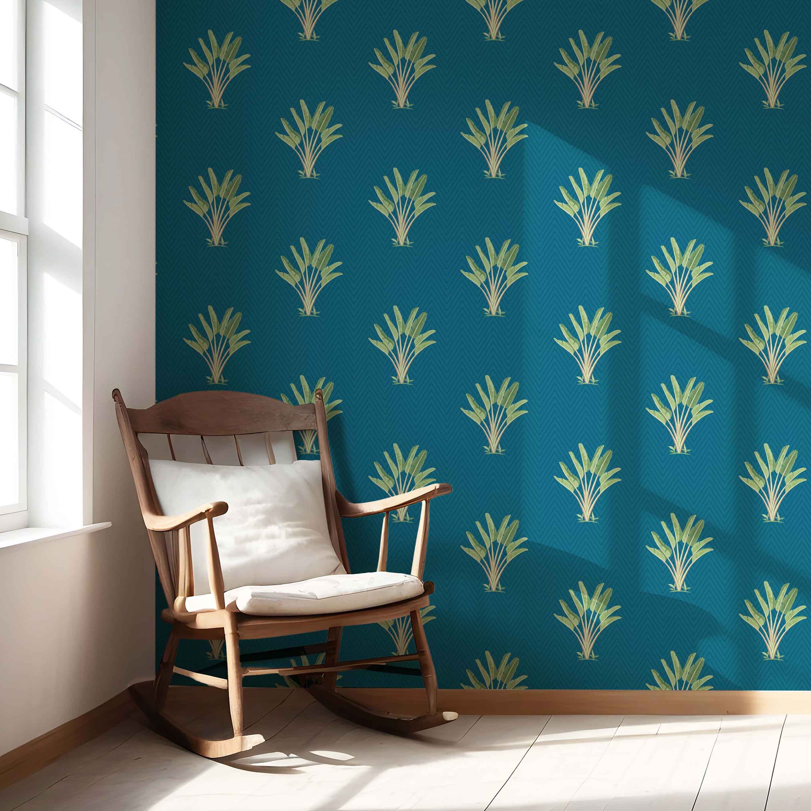 Botanical/ Floral Block Print Nursery Wallpaper Sample (Teal Blue/ Green)