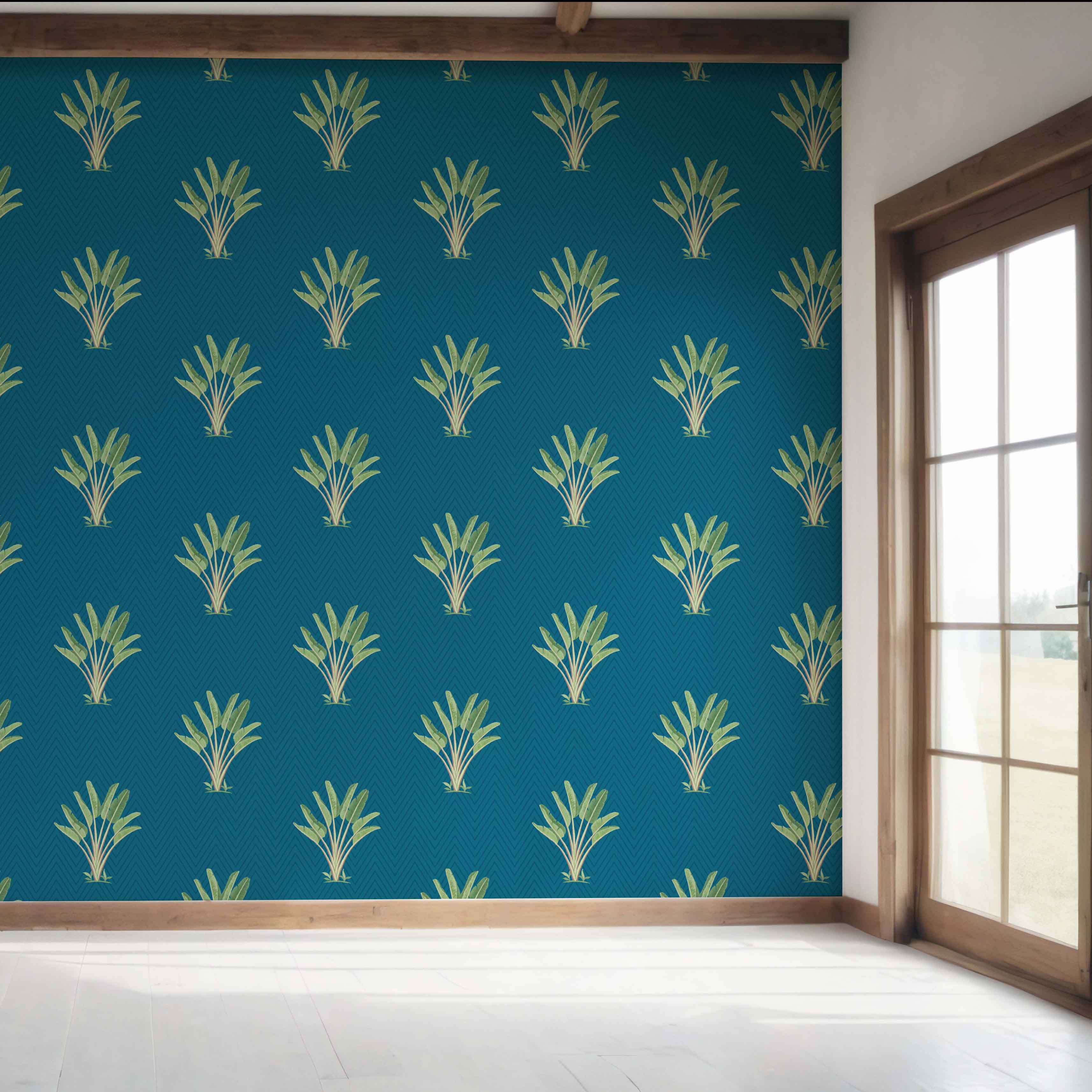 Botanical/ Floral Block Print Bedroom Wallpaper Sample (Teal Blue/ Green)