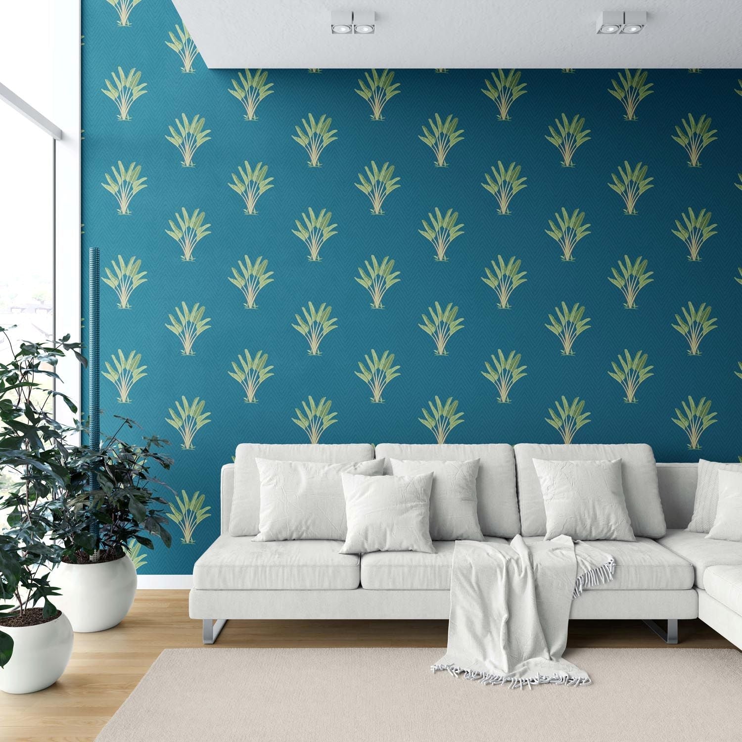Botanical/ Floral Block Print Shower Toilet Wallpaper Sample (Teal Blue/ Green)