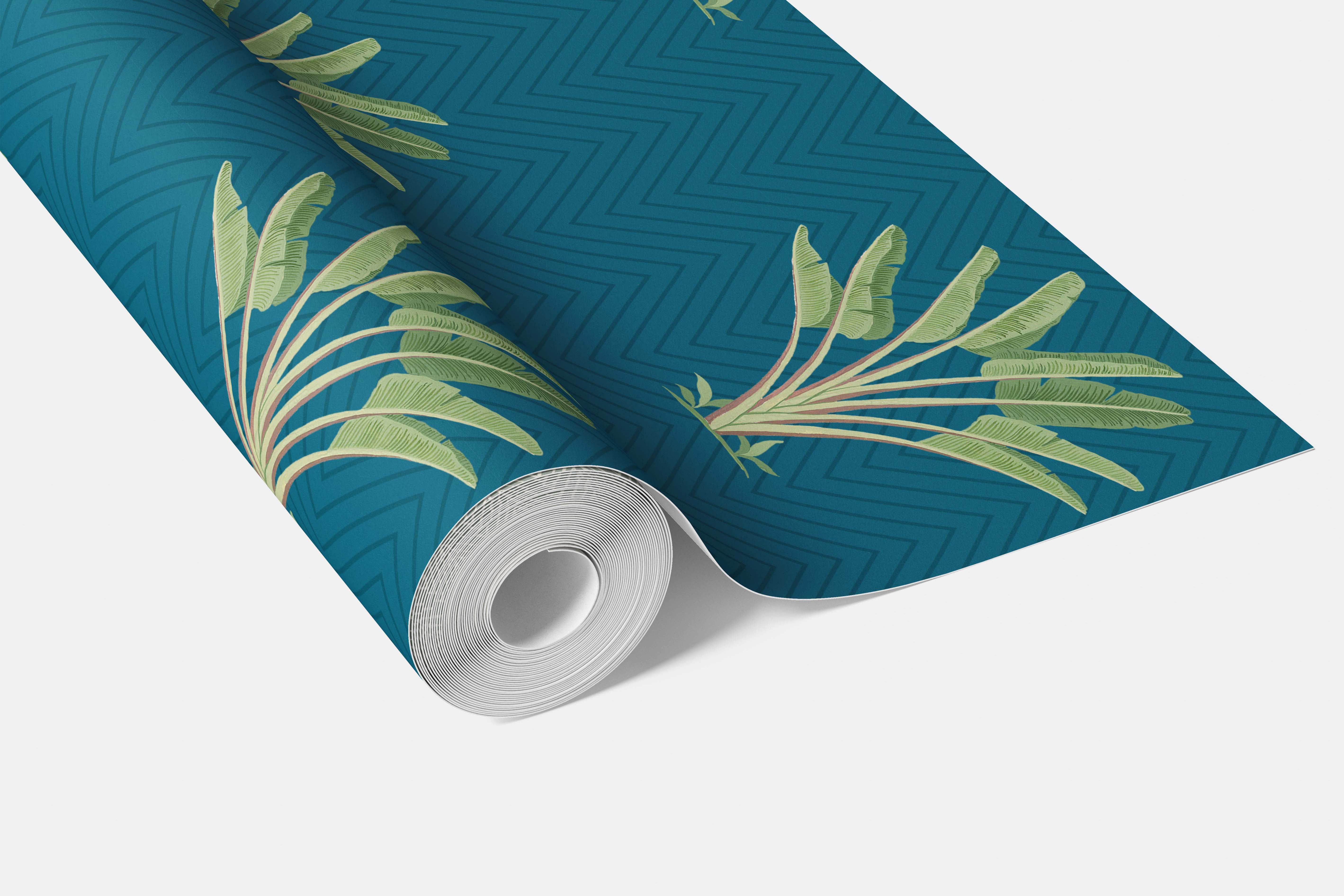 Botanical/ Floral Block Print Bathroom Wallpaper Sample (Teal Blue/ Green)