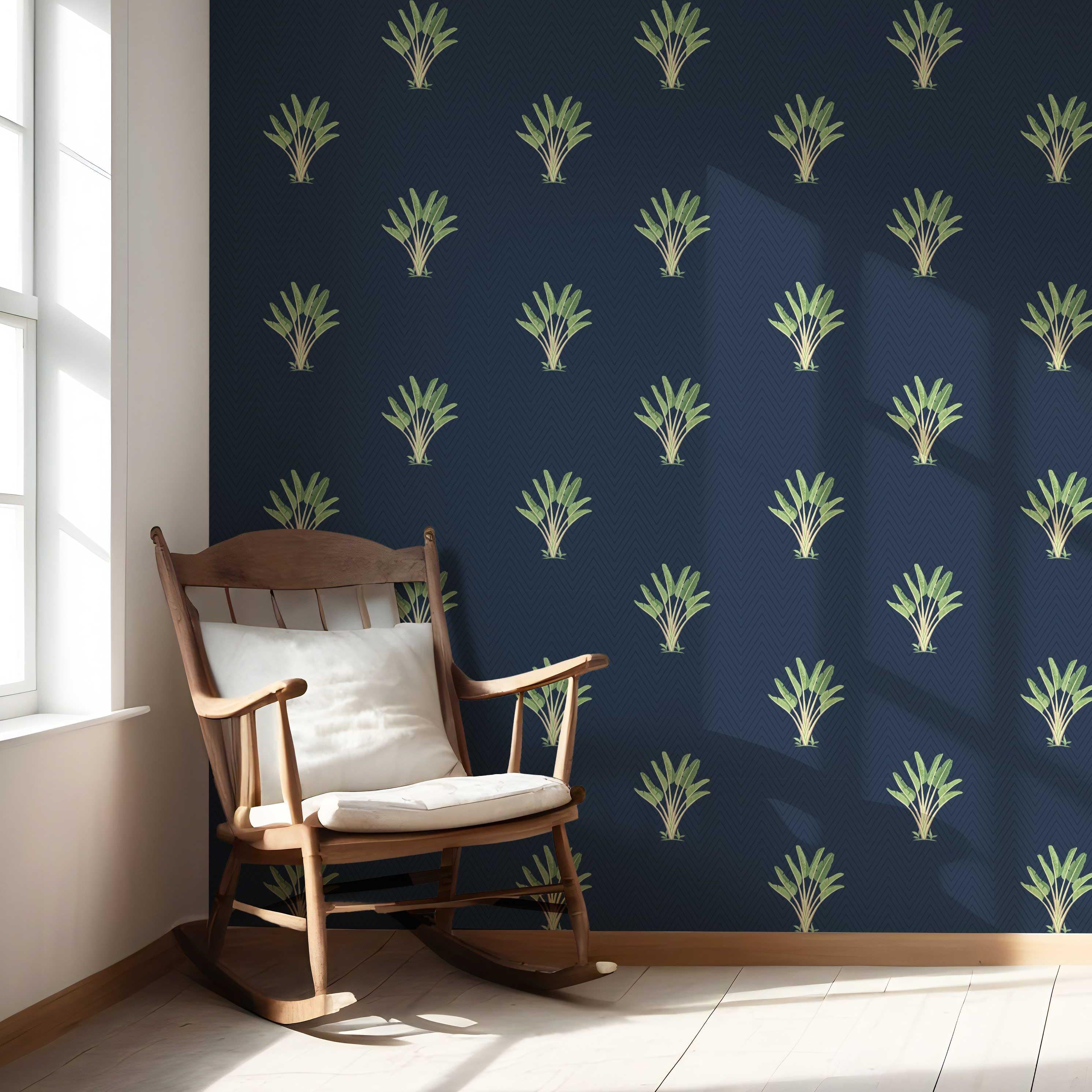 Botanical/ Floral Block Print Nursery Wallpaper Sample (Midnight Blue/ Green)