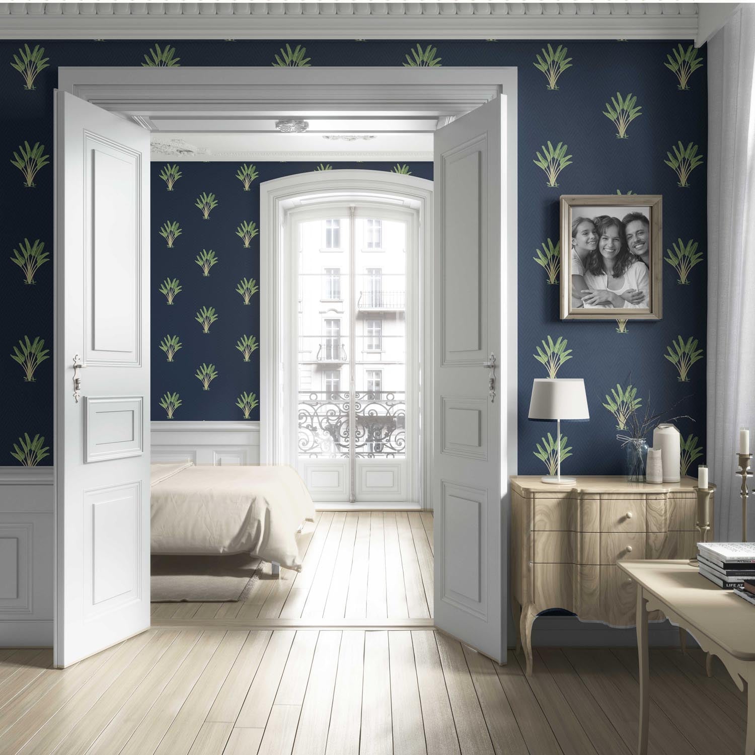 Botanical/ Floral Block Print Living Room Wallpaper Sample (Midnight Blue/ Green)