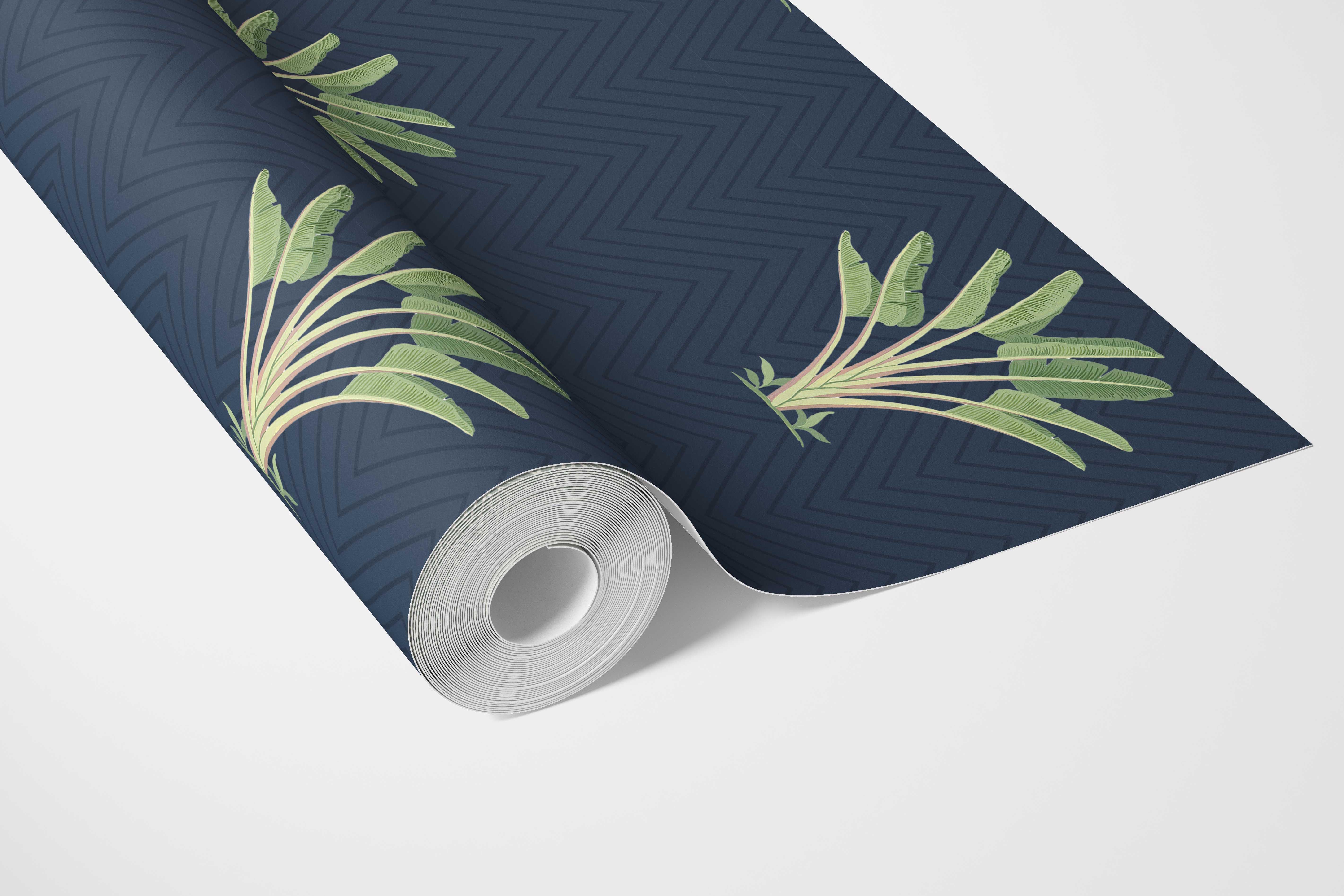 Botanical/ Floral Block Print Bathroom Wallpaper Sample (Midnight Blue/ Green)