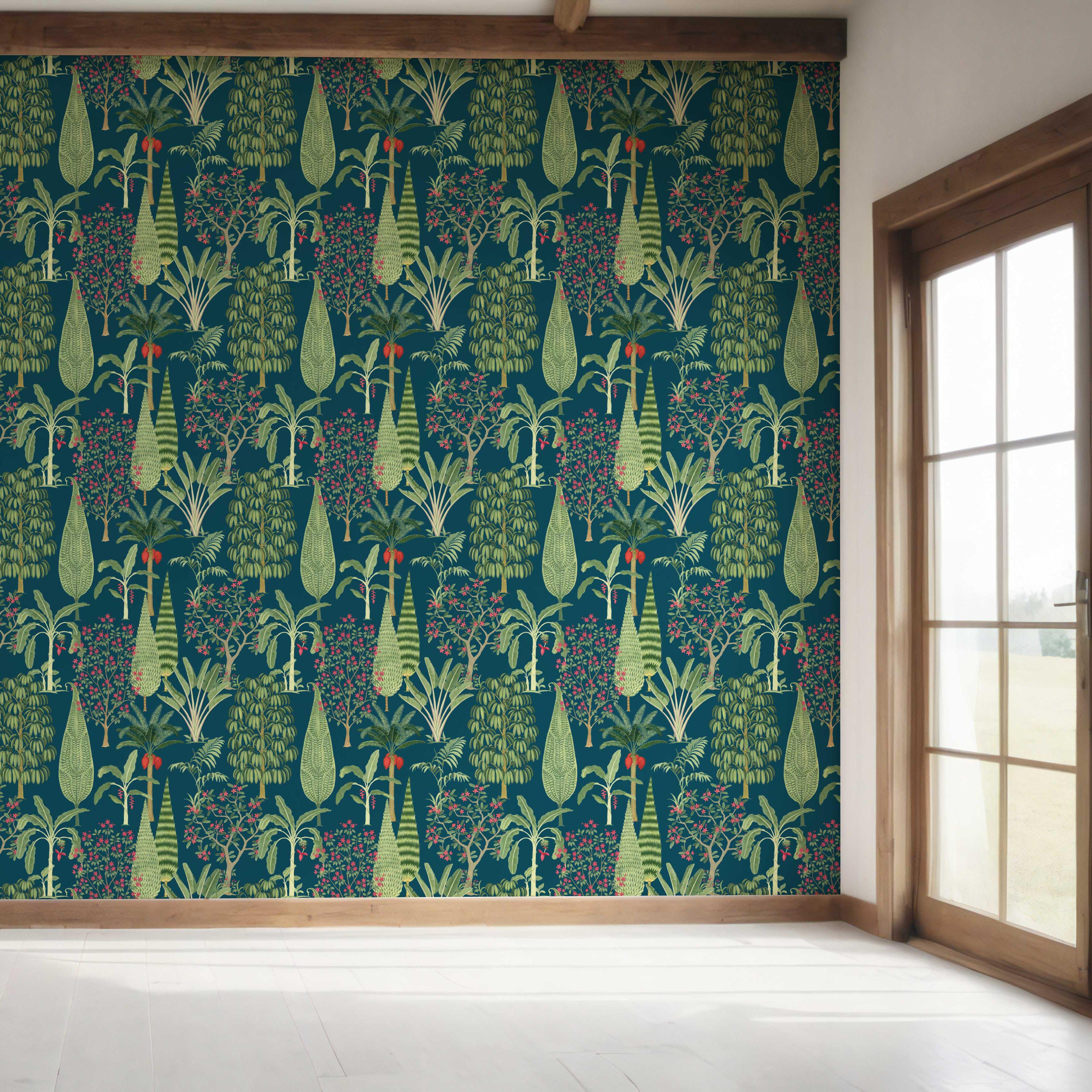 Tropical Floral/ Botanical Bedroom Wallpaper Sample (Teal Blue/ Green/ Pink)
