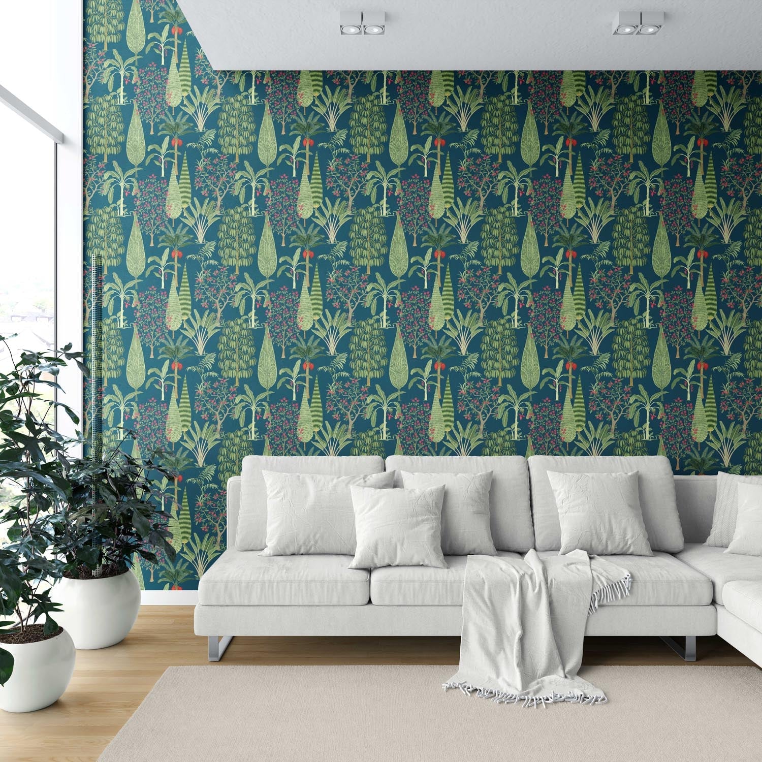 Tropical Floral/ Botanical Shower Toilet Wallpaper Sample (Teal Blue/ Green/ Pink)