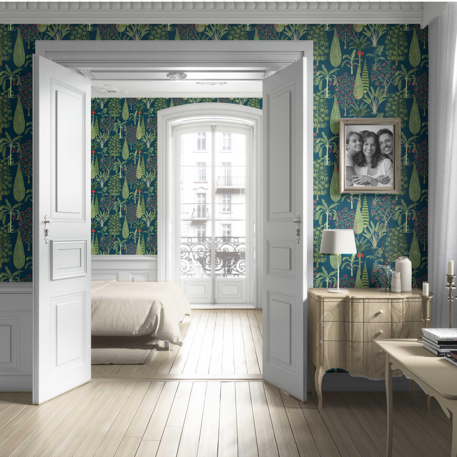 Tropical Floral/ Botanical Living Room Wallpaper Sample (Teal Blue/ Green/ Pink)
