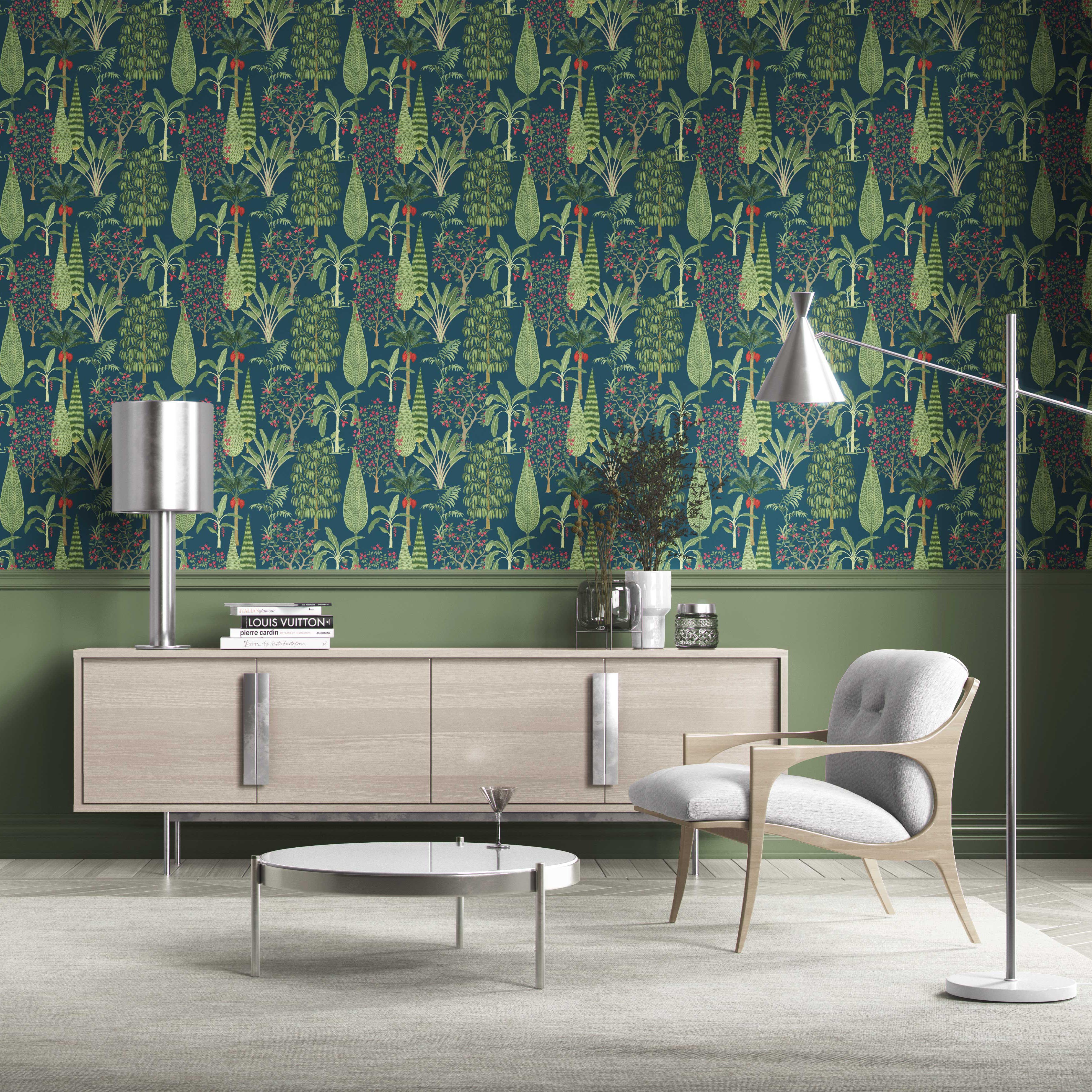 Tropical Floral/ Botanical Traditional Wallpaper Sample (Teal Blue/ Green/ Pink)