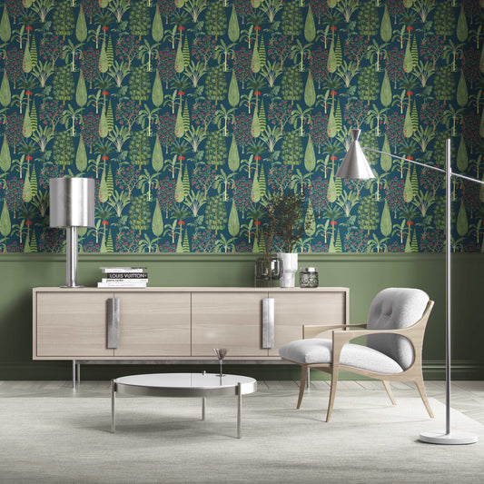 Tropical Floral/ Botanical Traditional Wallpaper Sample (Teal Blue/ Green/ Pink)