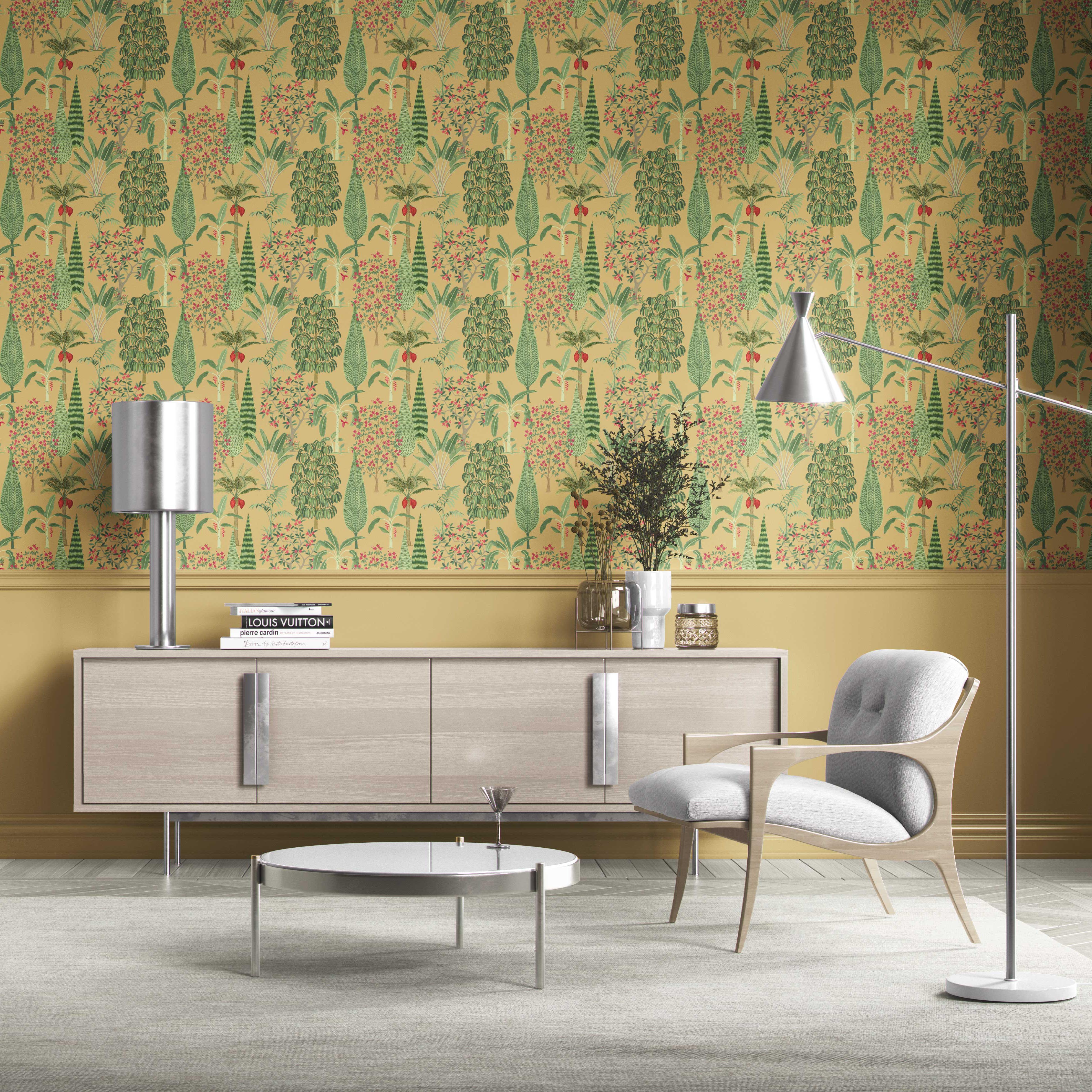 Tropical Floral/ Botanical Traditional Wallpaper Sample (Yellow/ Green/ Pink/ Red)