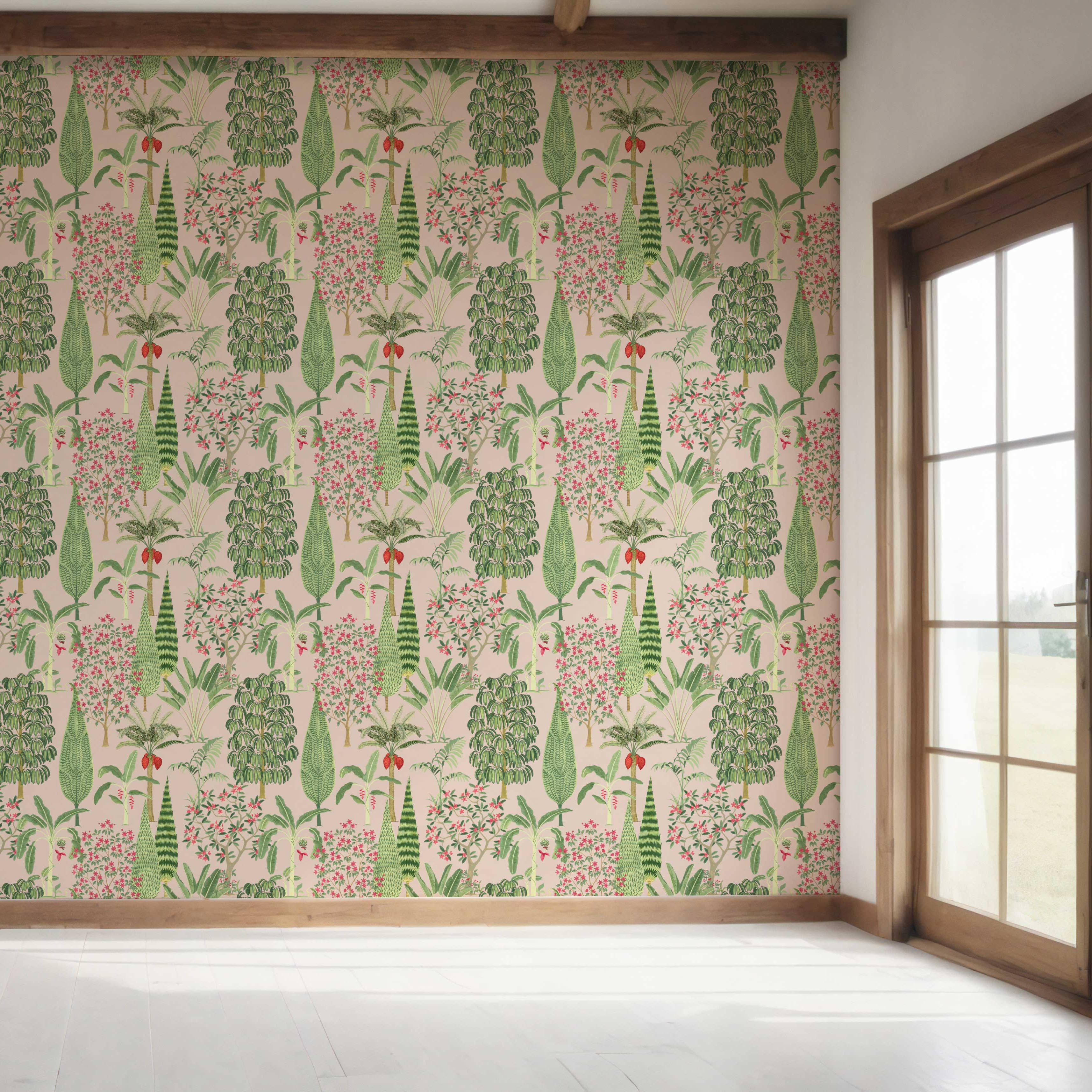 Tropical Floral/ Botanical Bedroom Wallpaper (Pink/ Green/ Red)