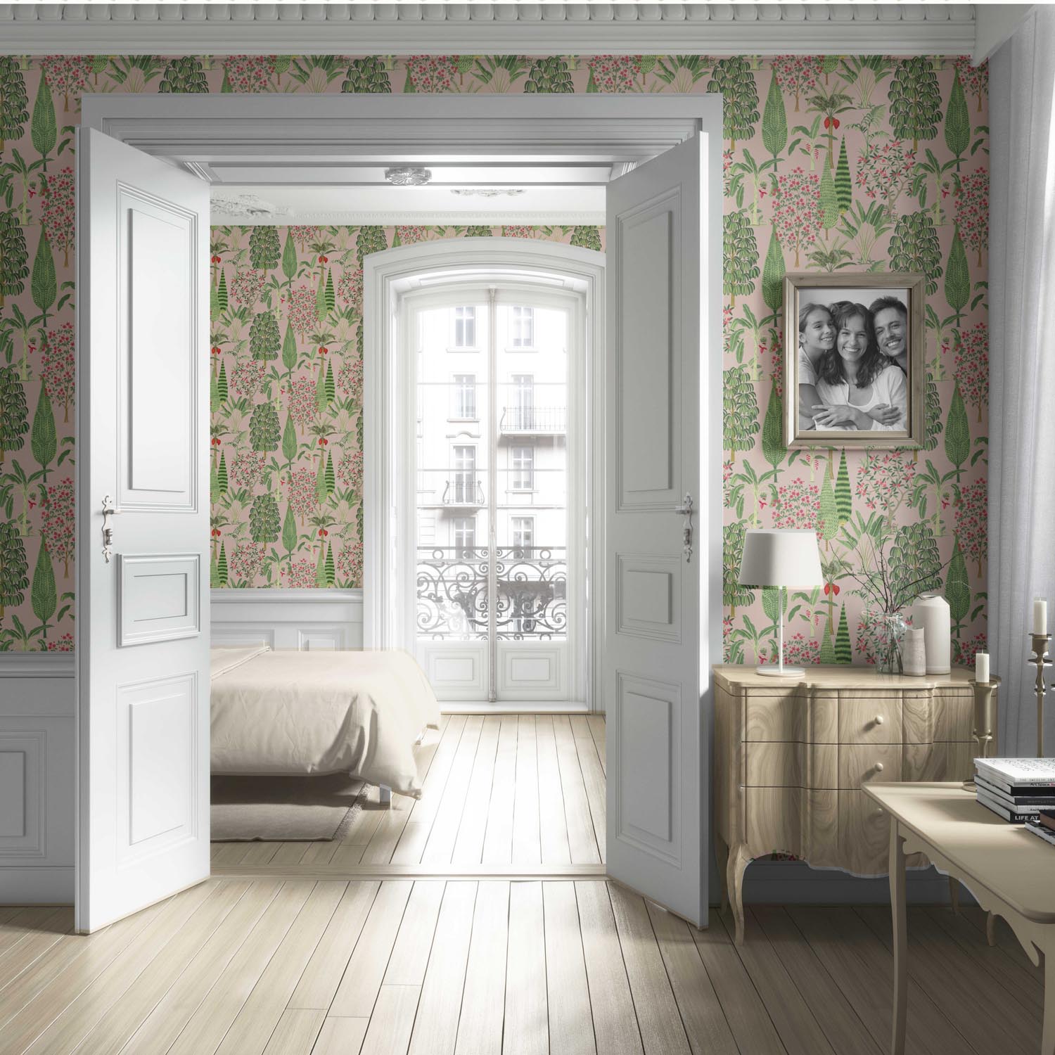 Tropical Floral/ Botanical Living Room Wallpaper Sample (Pink/ Green/ Red)