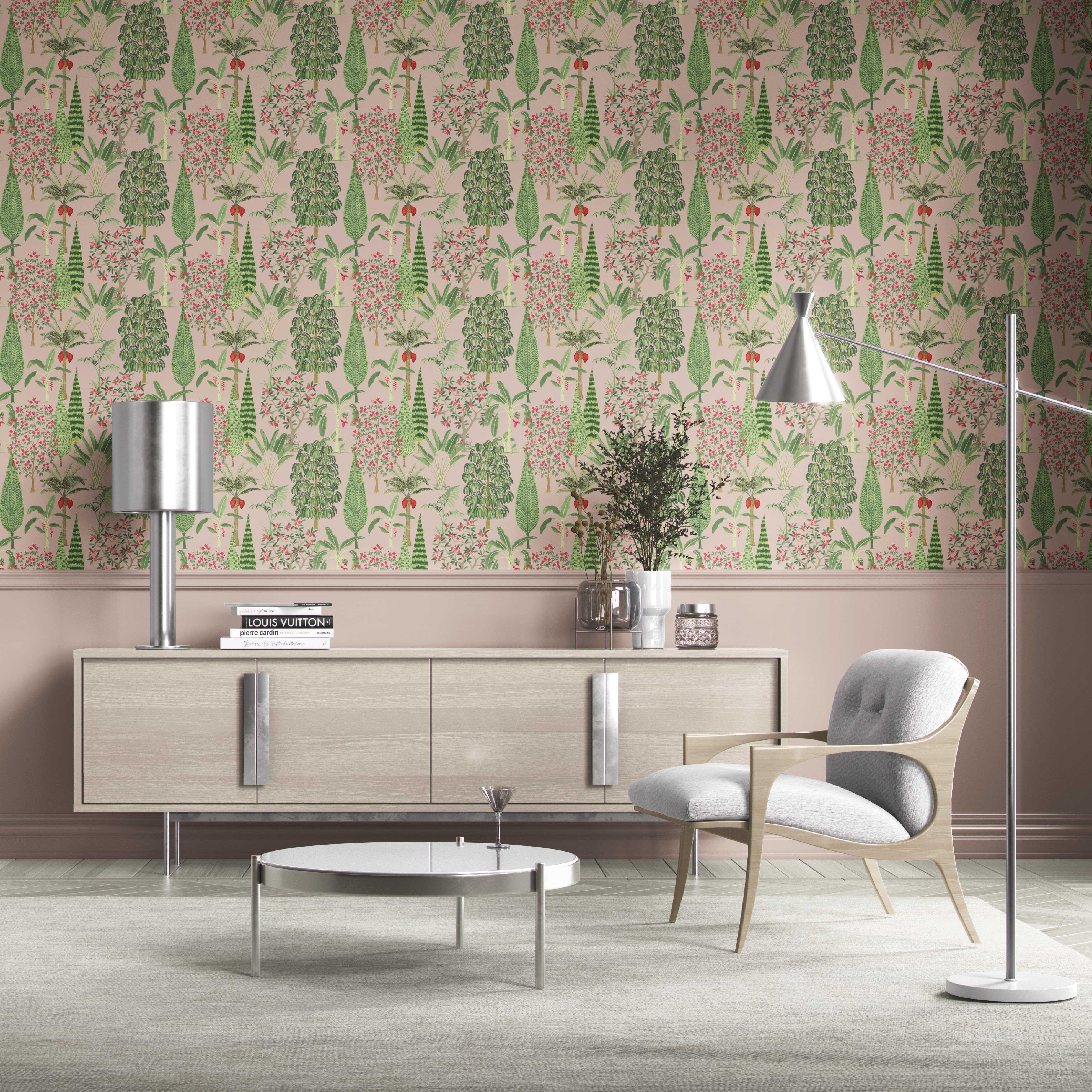 Tropical Floral/ Botanical Traditional Wallpaper Sample (Pink/ Green/ Red)