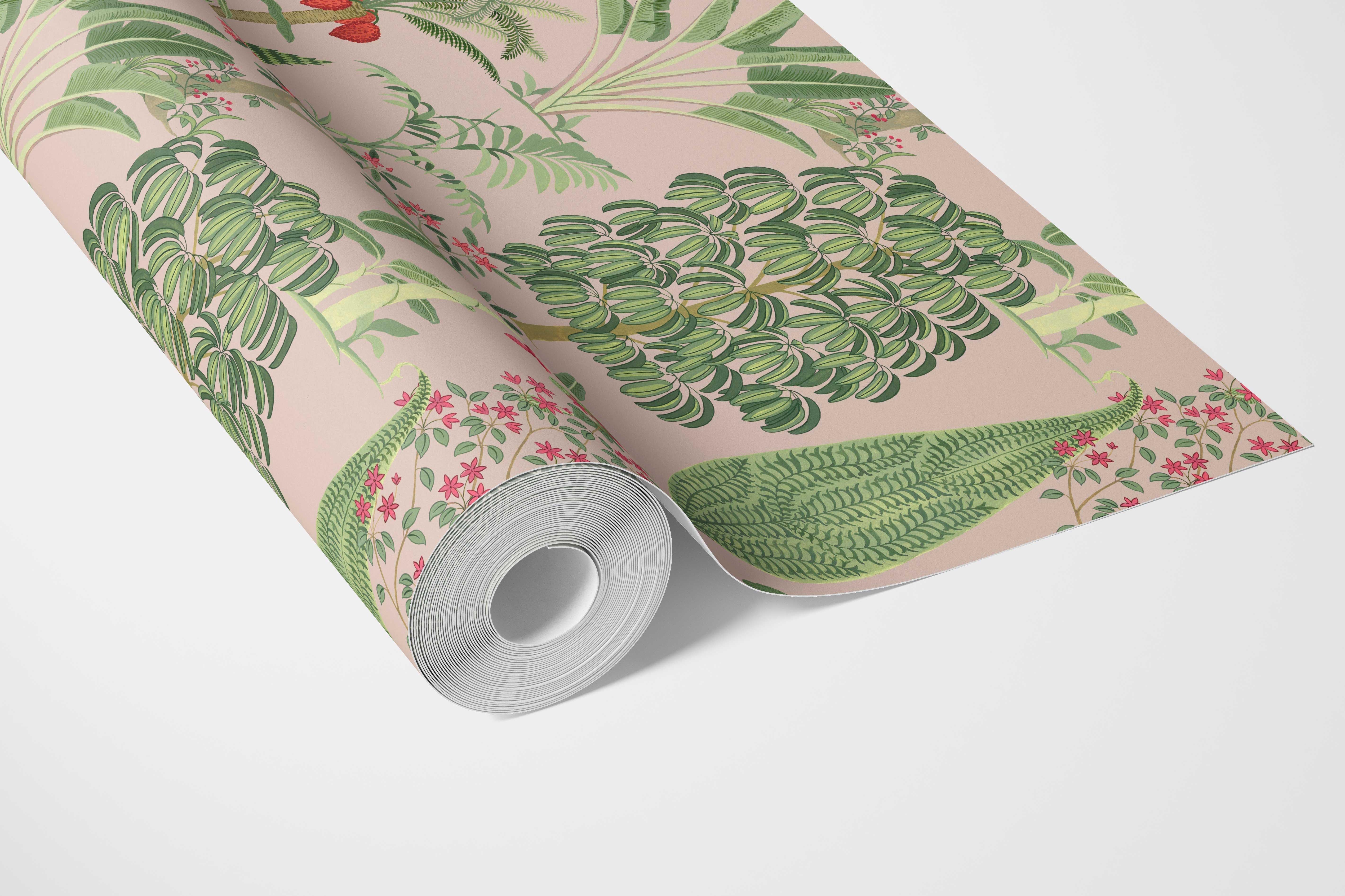 Tropical Floral/ Botanical Bathroom Wallpaper Sample (Pink/ Green/ Red)