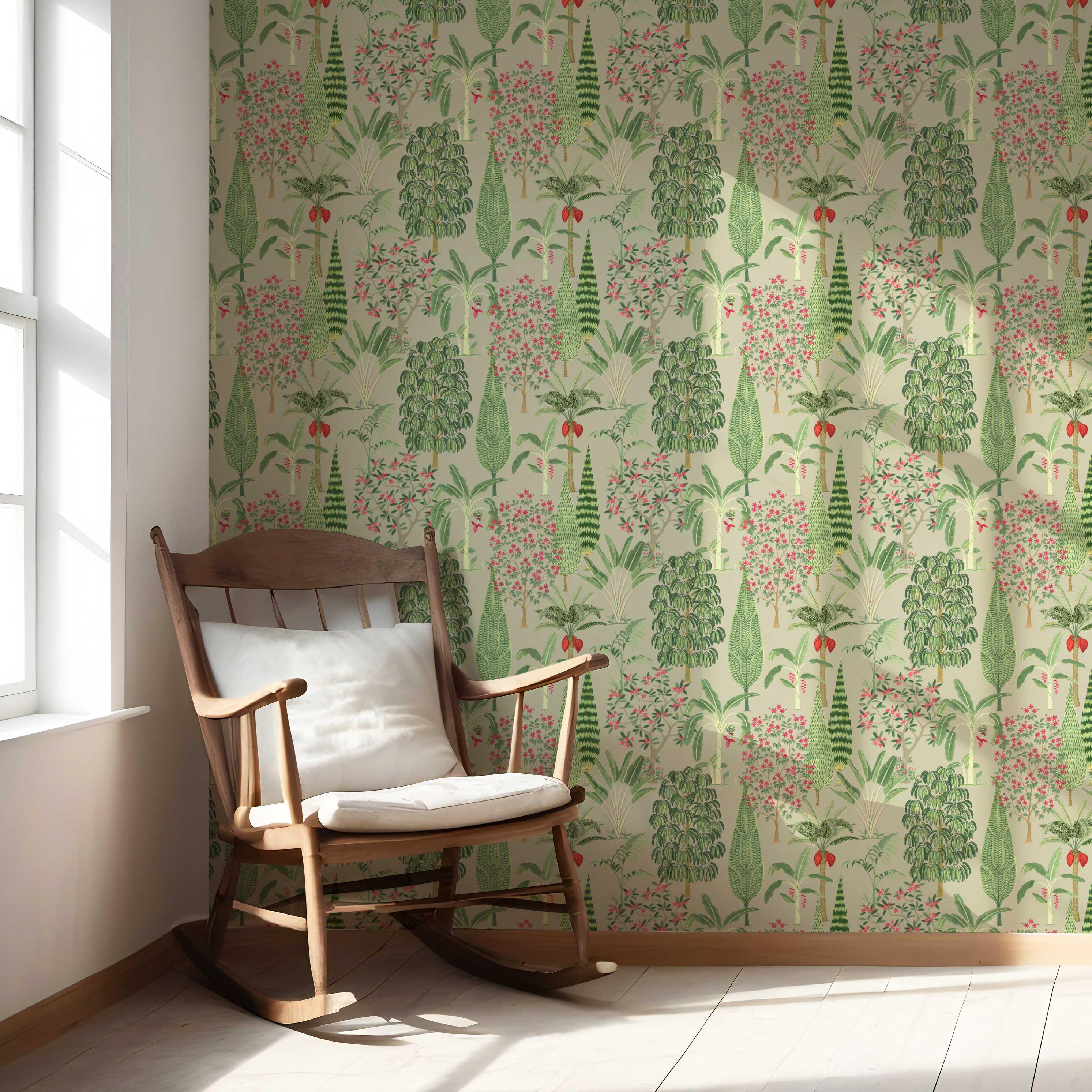 Tropical Floral/ Botanical Nursery Wallpaper Sample (Green/ Pink/ Red)