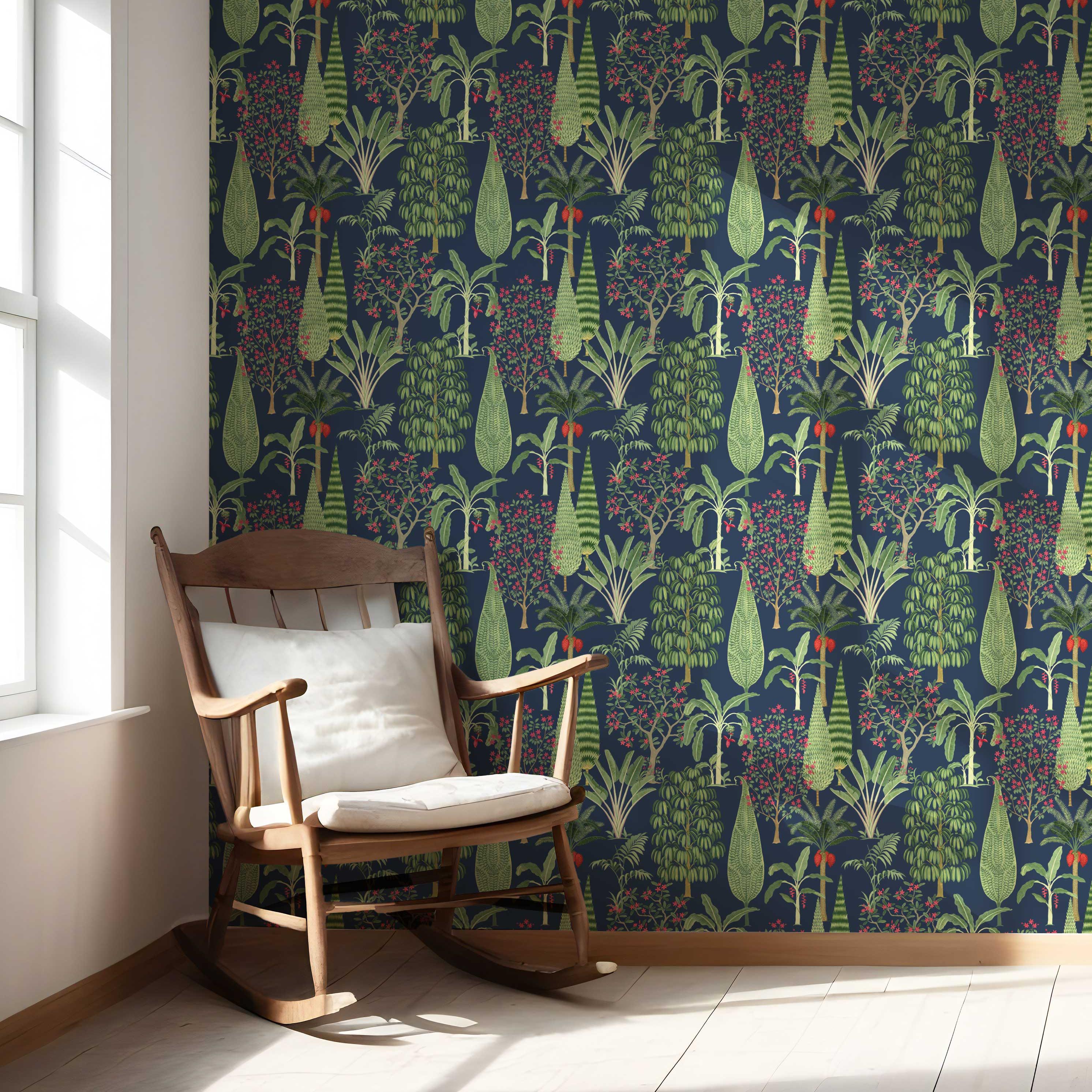 Tropical Floral/ Botanical Nursery Wallpaper (Navy Blue/ Green/ Pink/ Red)