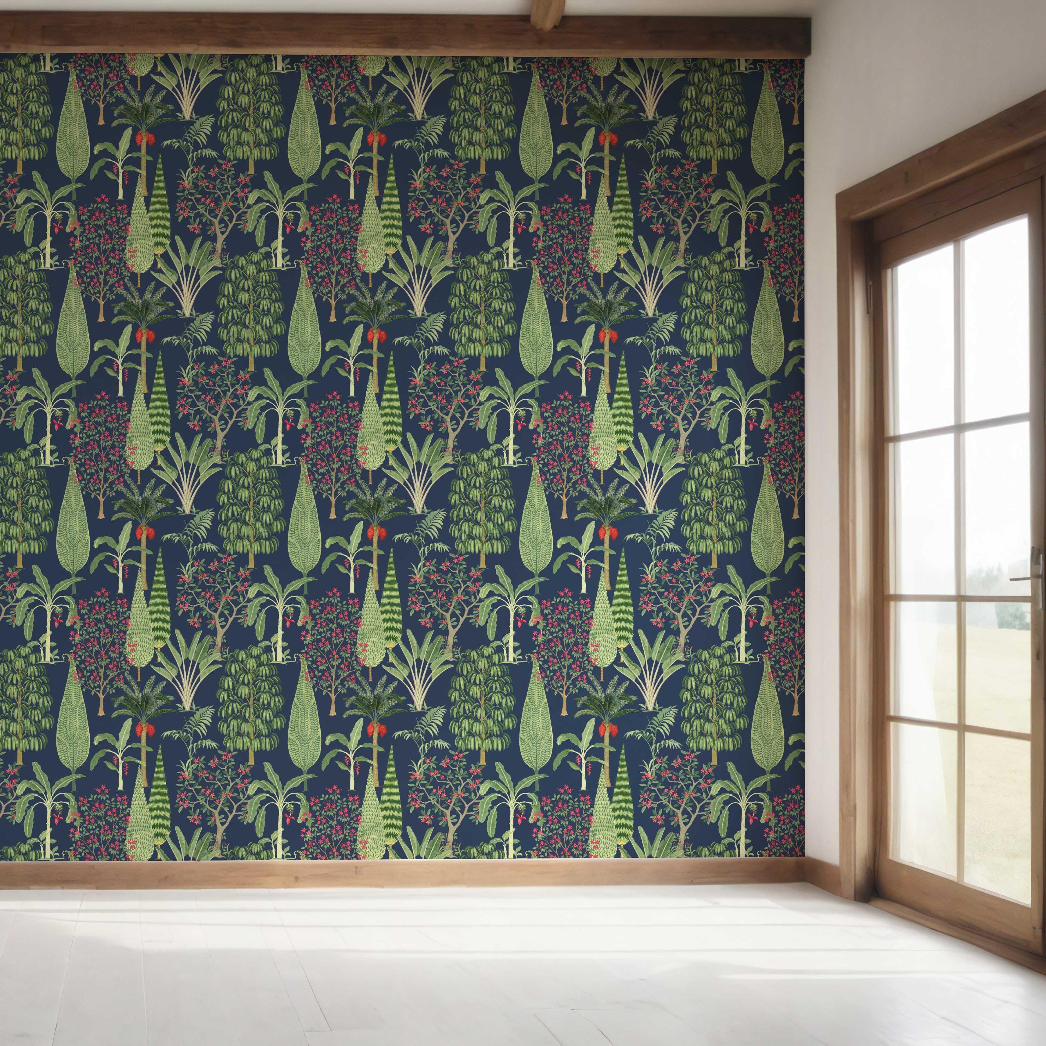 Tropical Floral/ Botanical Bedroom Wallpaper (Navy Blue/ Green/ Pink/ Red)
