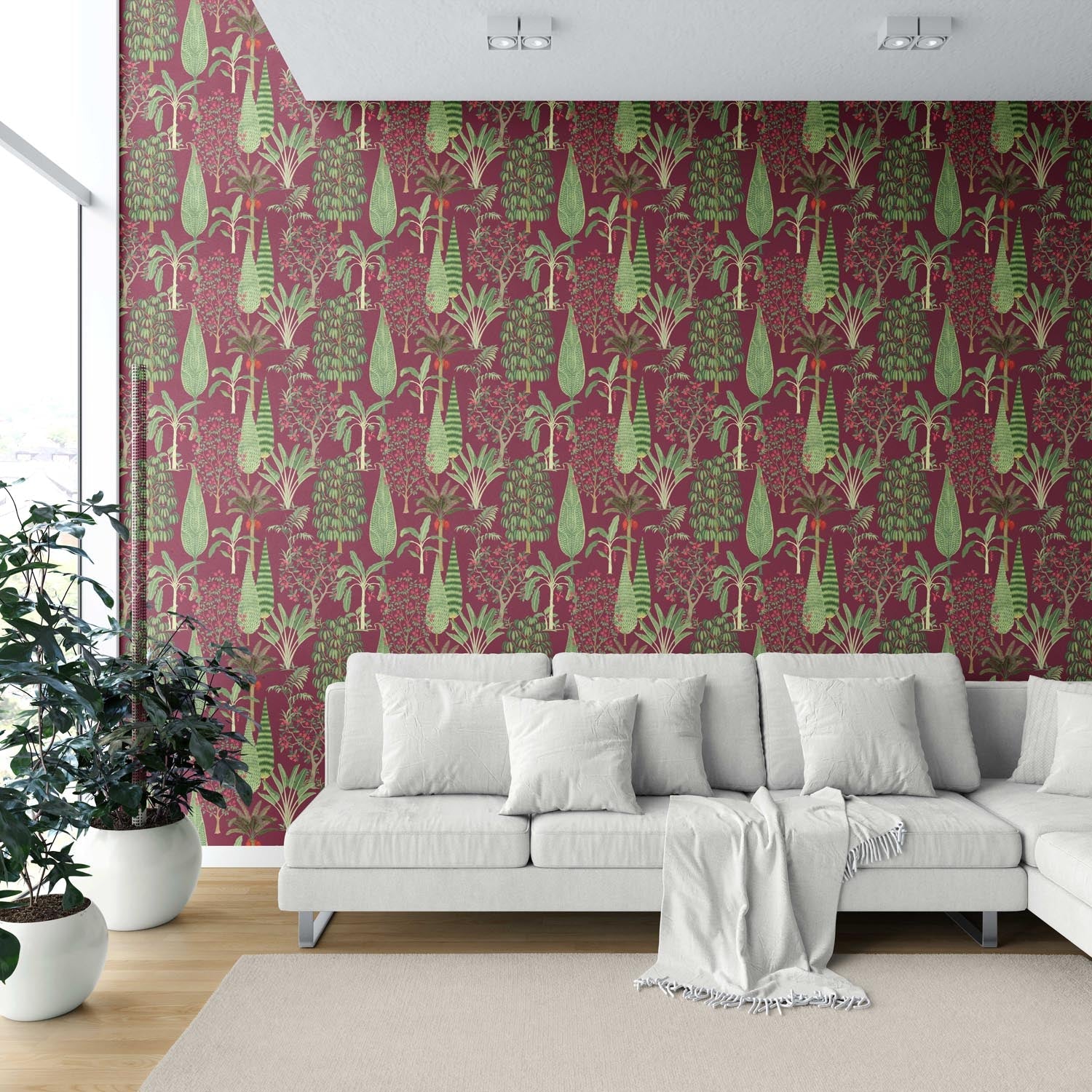 Tropical Floral/ Botanical Bedroom Wallpaper Sample (Burgundy Red/ Green/ Pink)