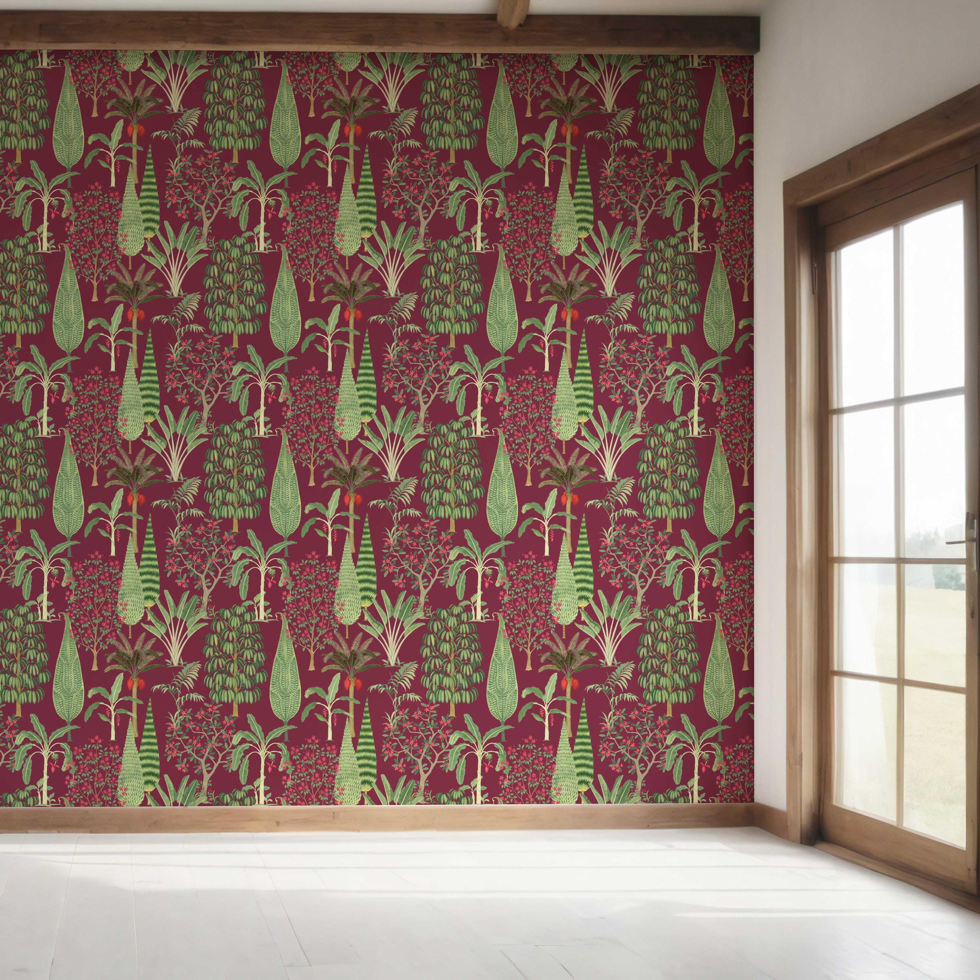 Tropical Floral/ Botanical Shower Toilet Wallpaper Sample (Burgundy Red/ Green/ Pink)