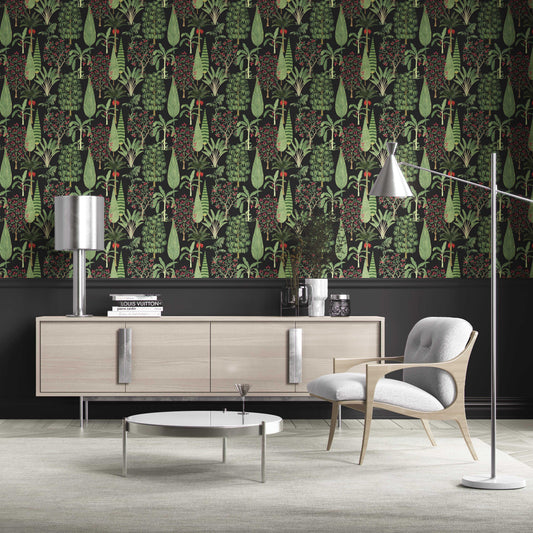 Tropical Floral/ Botanical Traditional Wallpaper Sample (Black/ Green/ Pink/ Red)