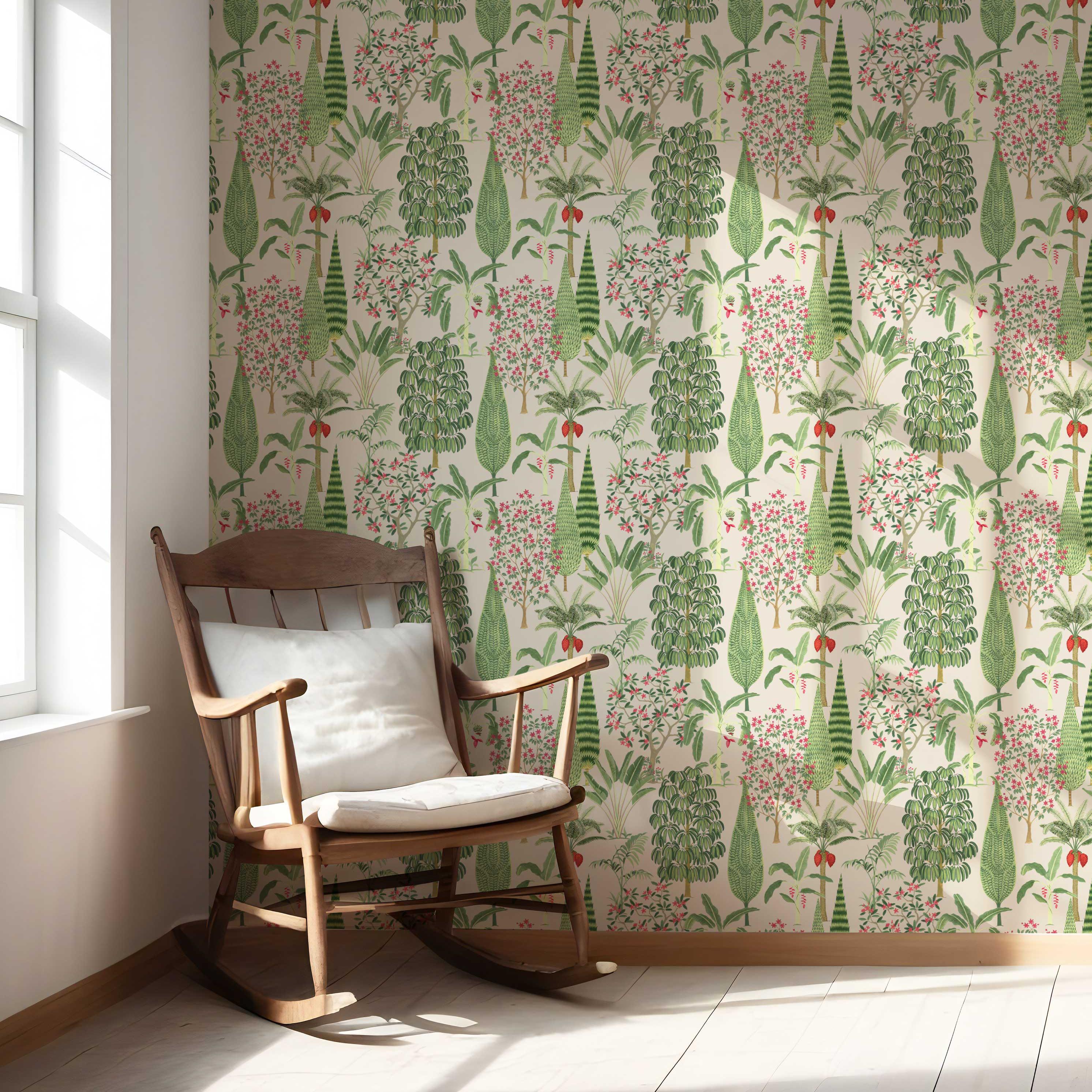 Tropical Floral/ Botanical Nursery Wallpaper Sample (Beige/ Green/ Pink/ Red)
