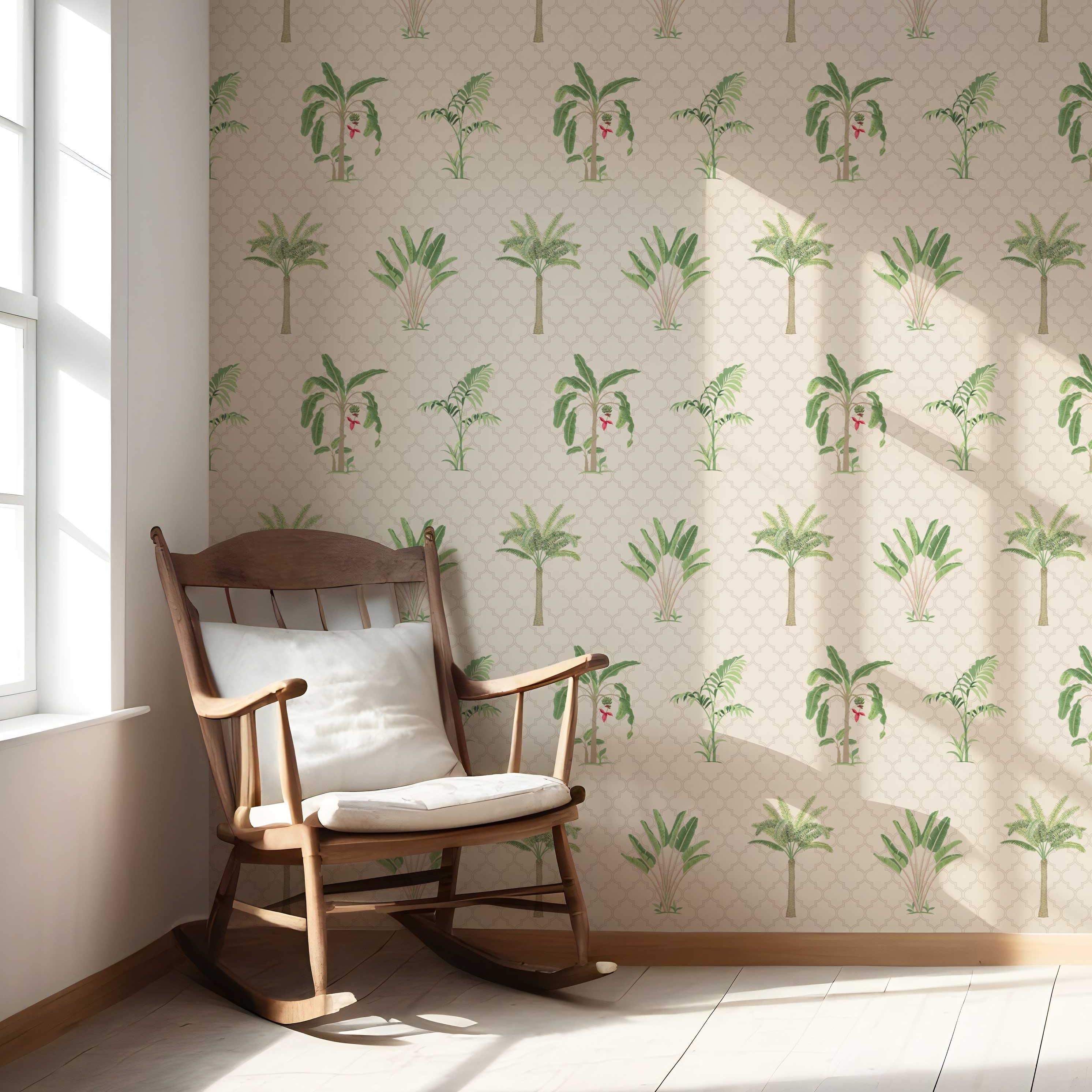 Botanical/ Floral Block Print Nursery Wallpaper (Beige/ Green/ Red/ Soft Taupe)