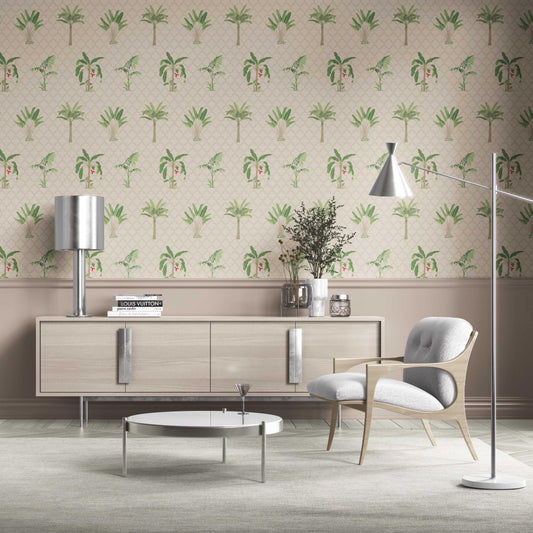 Botanical/ Floral Block Print Traditional Wallpaper Sample (Beige/ Green/ Red/ Soft Taupe)