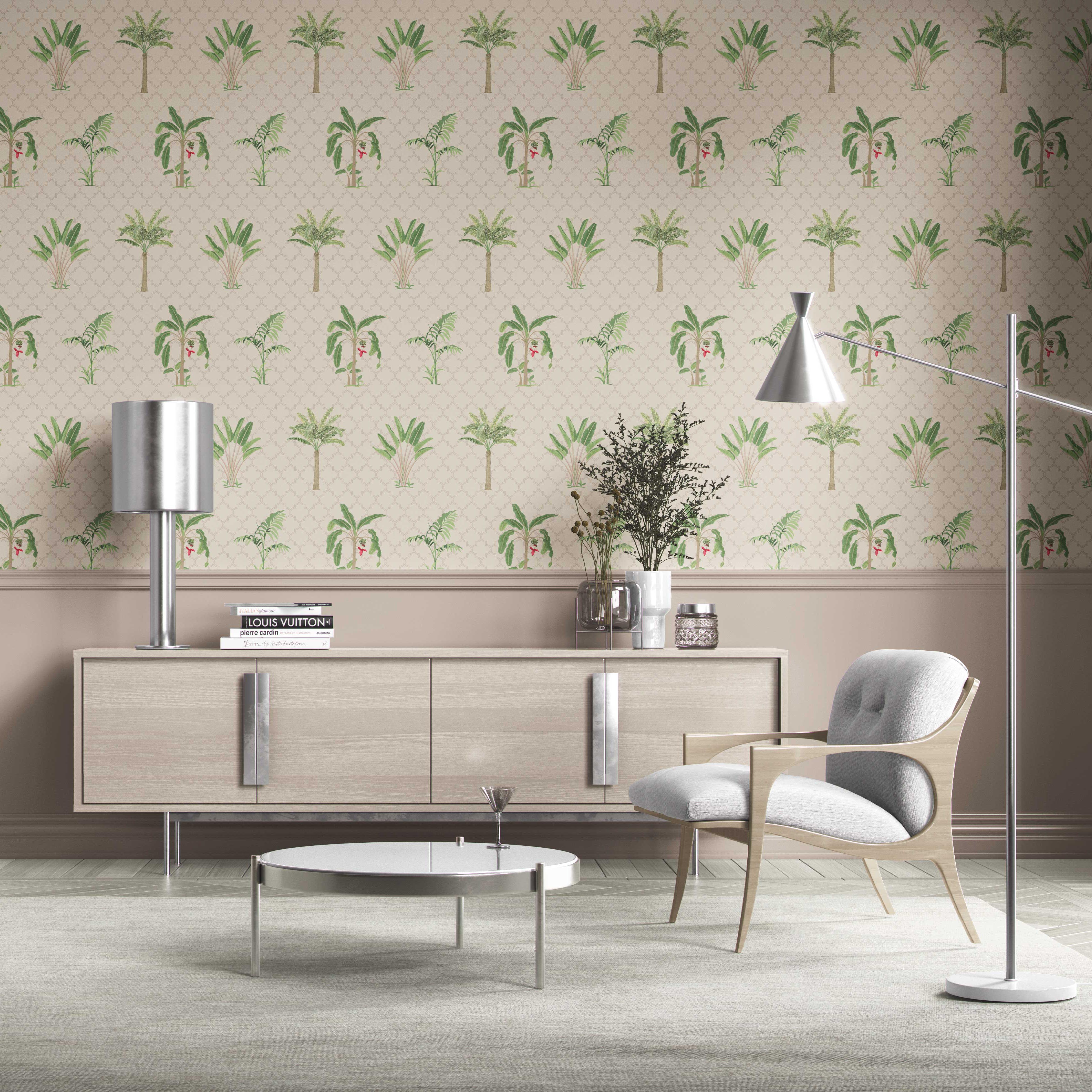 Botanical/ Floral Block Print Traditional Wallpaper (Beige/ Green/ Red/ Soft Taupe)