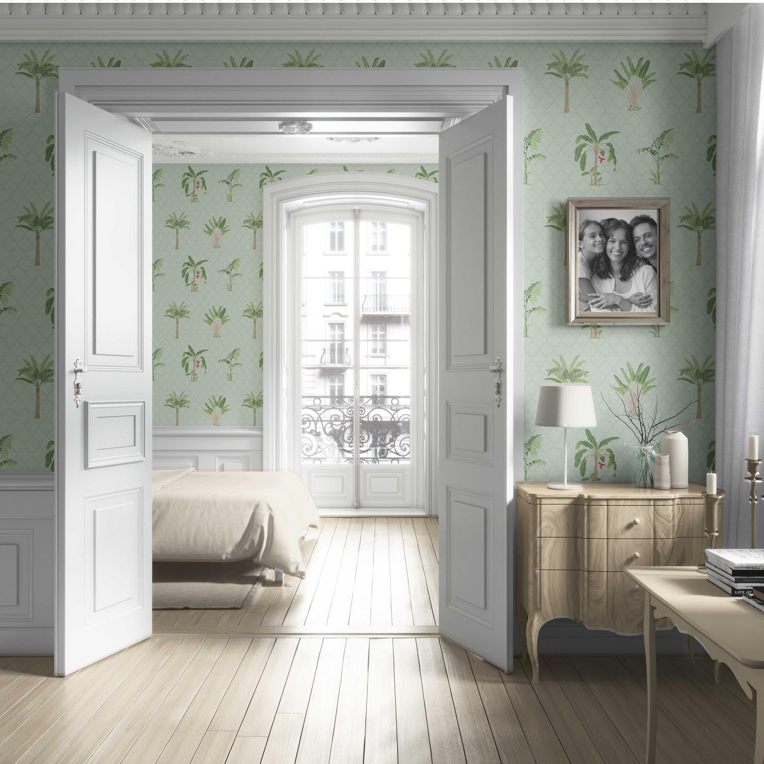 Botanical/ Floral Block Print Living Room Wallpaper Sample (Mint Green/ Red)