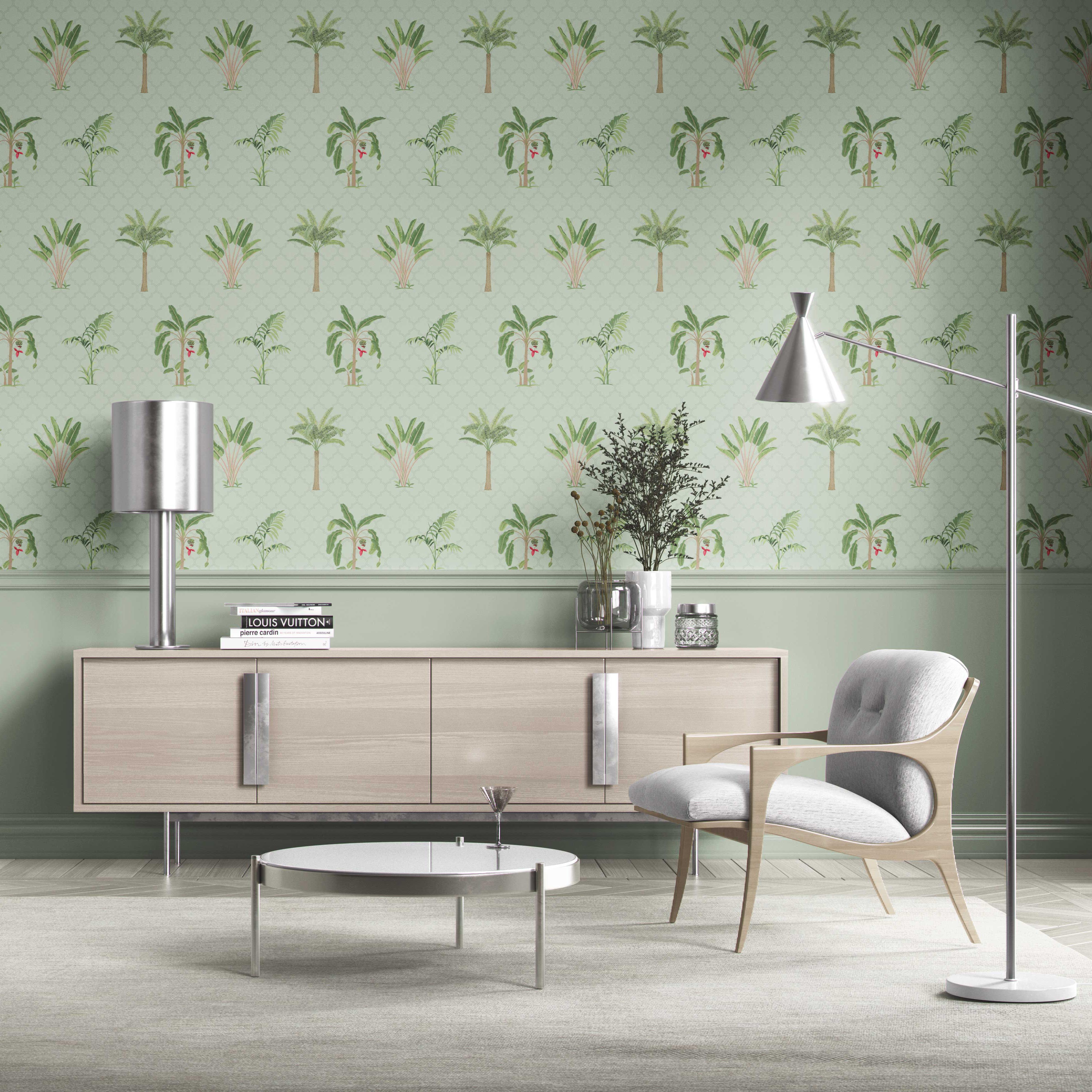 Botanical/ Floral Block Print Traditional Wallpaper (Mint Green/ Red)