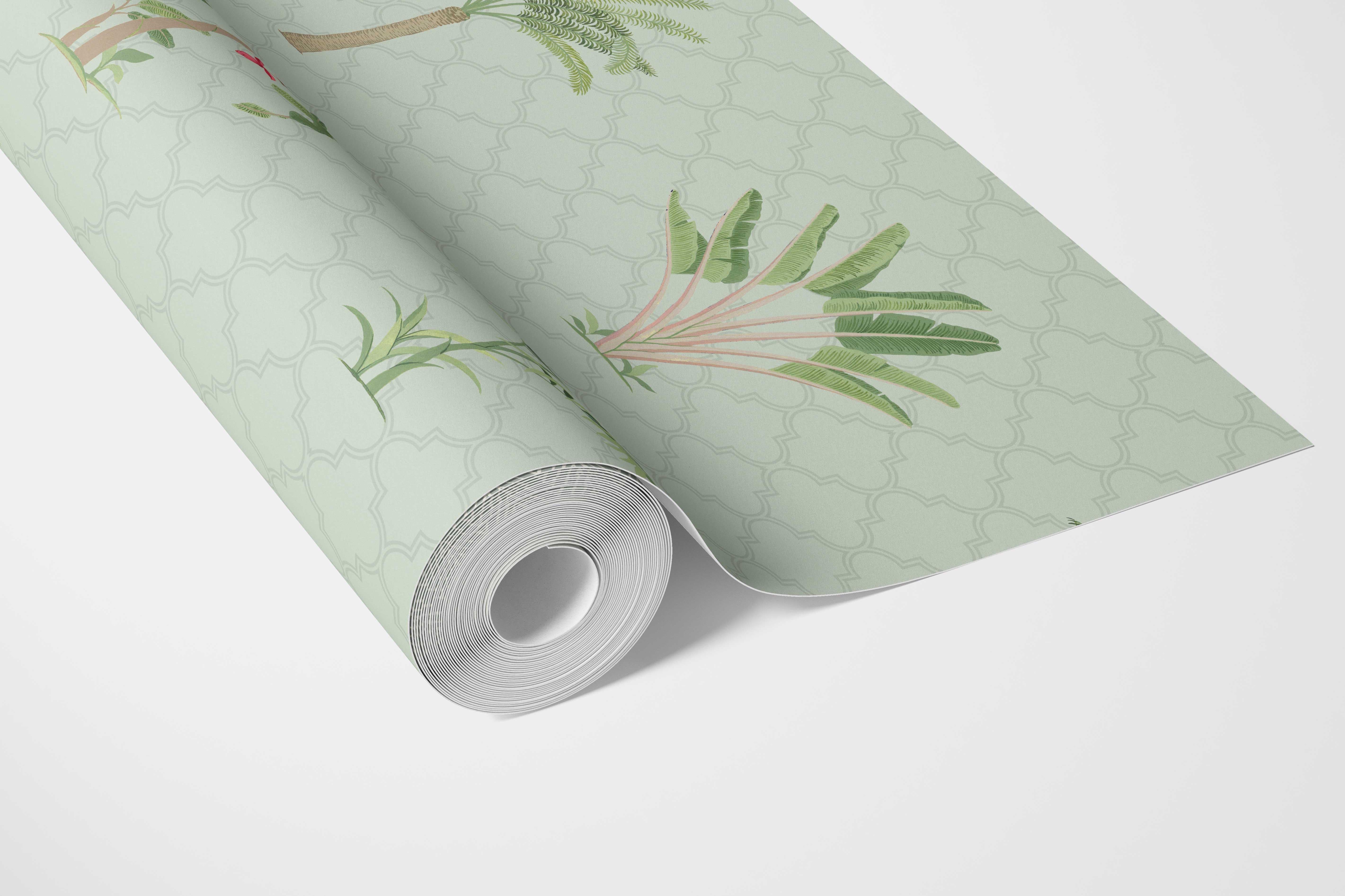 Botanical/ Floral Block Print Bathroom Wallpaper Sample (Mint Green/ Red)