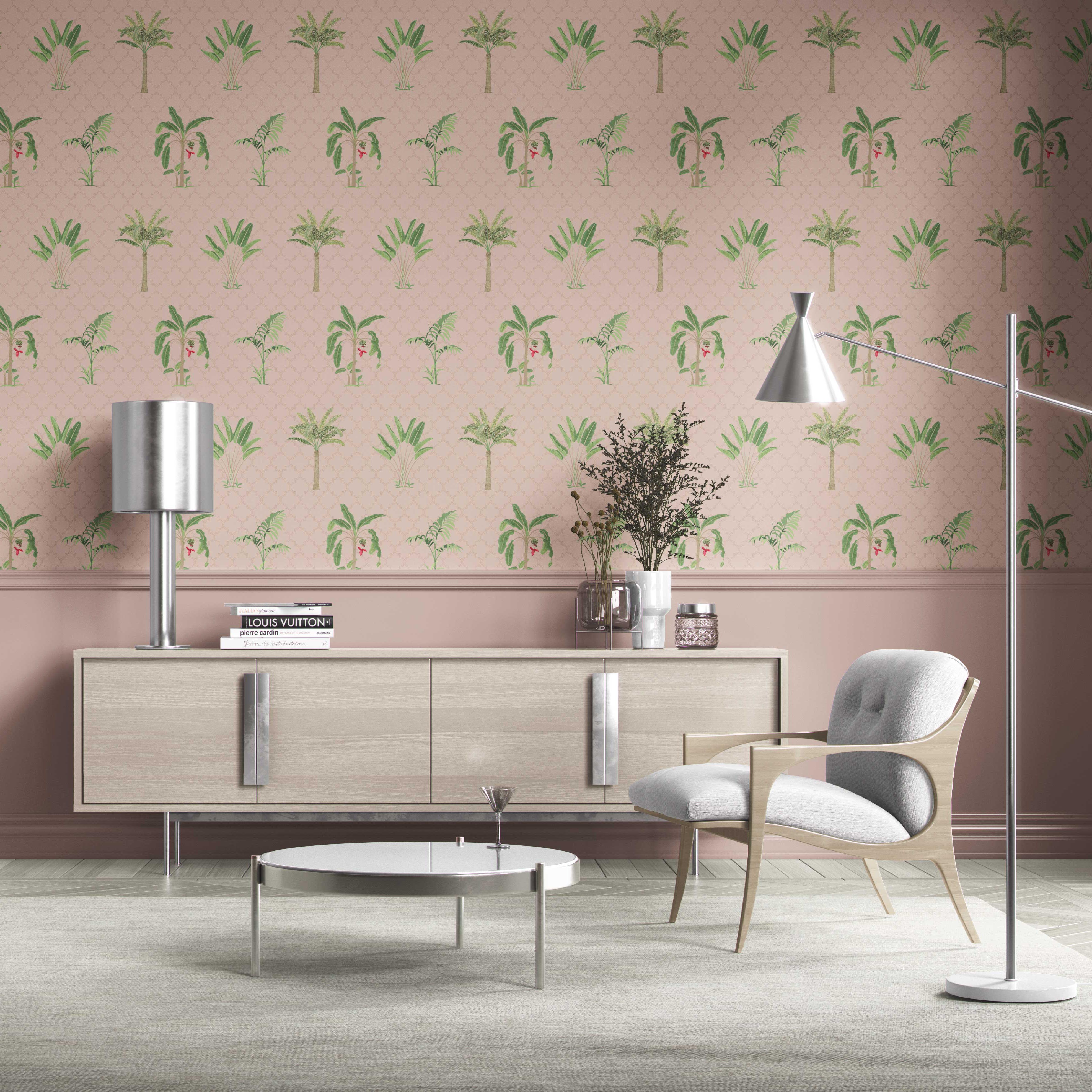 Botanical/ Floral Block Print Traditional Wallpaper (Pink/ Green/ Red)