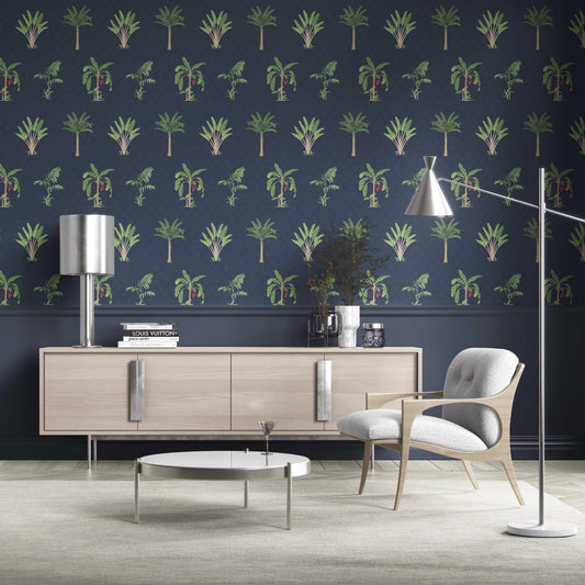 Botanical/ Floral Block Print Traditional Wallpaper Sample (Navy Blue/ Green/ Red)