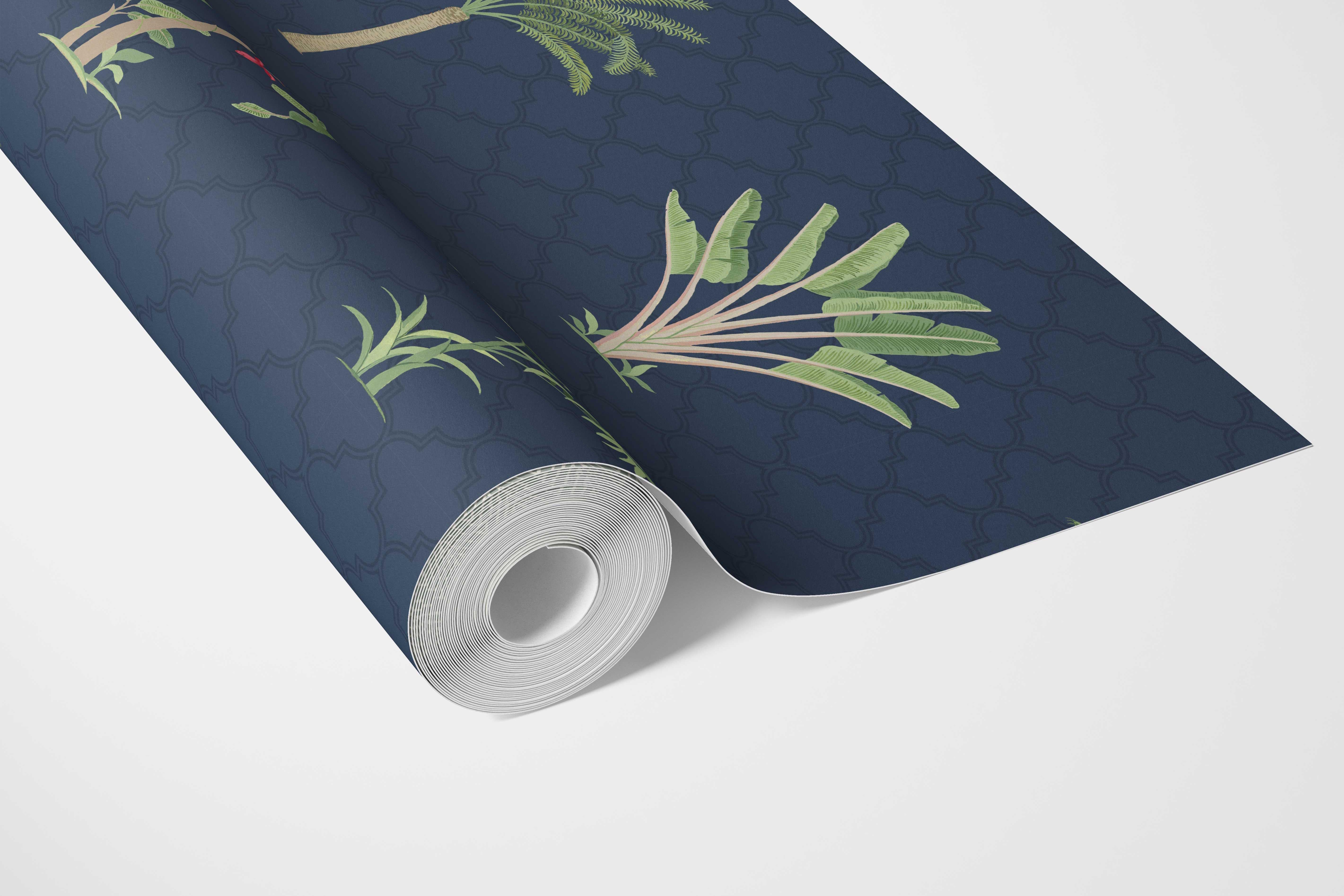Botanical/ Floral Block Print Bathroom Wallpaper Sample (Navy Blue/ Green/ Red)