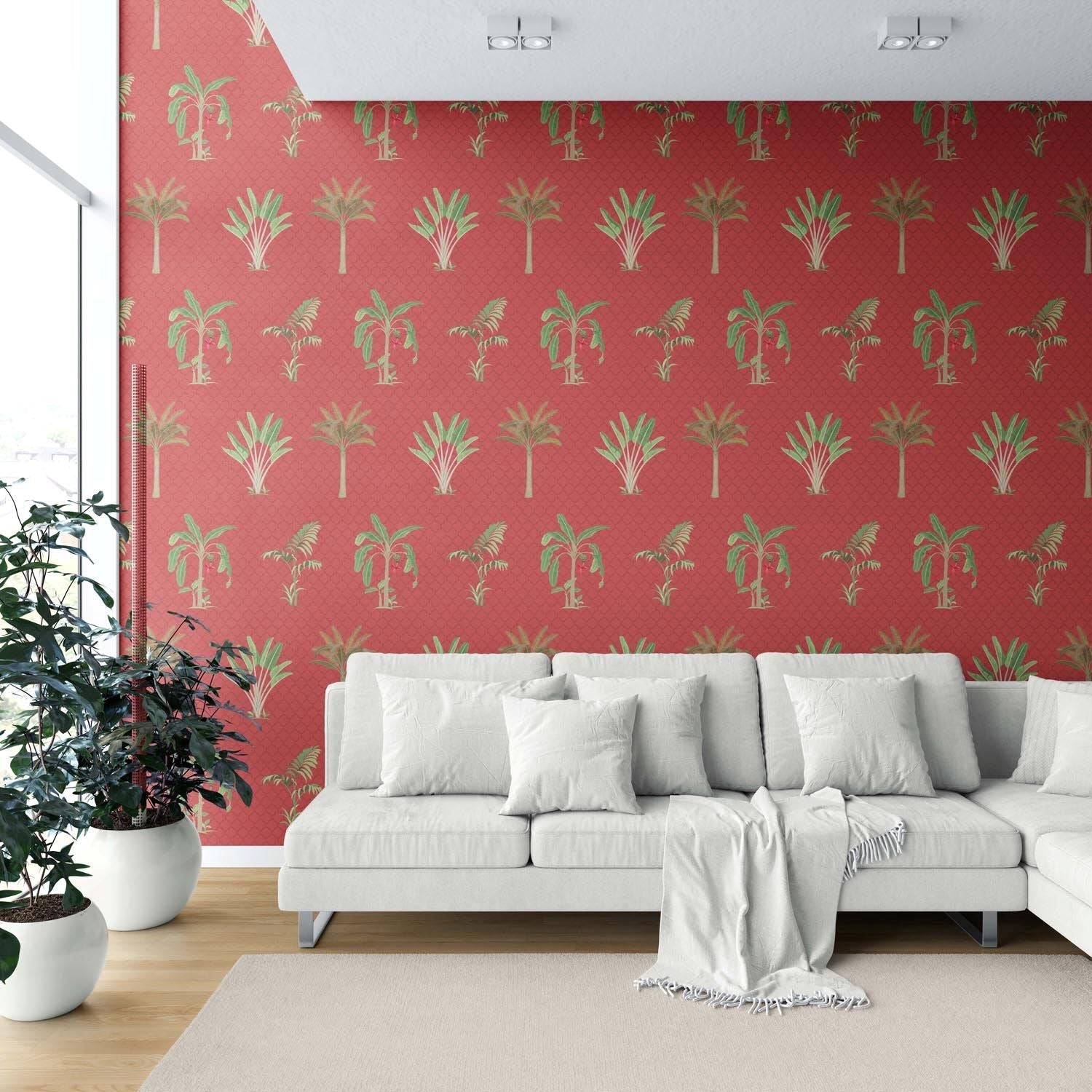 Botanical/ Floral Block Print Shower Toilet Wallpaper Sample (Red-Orange Green)