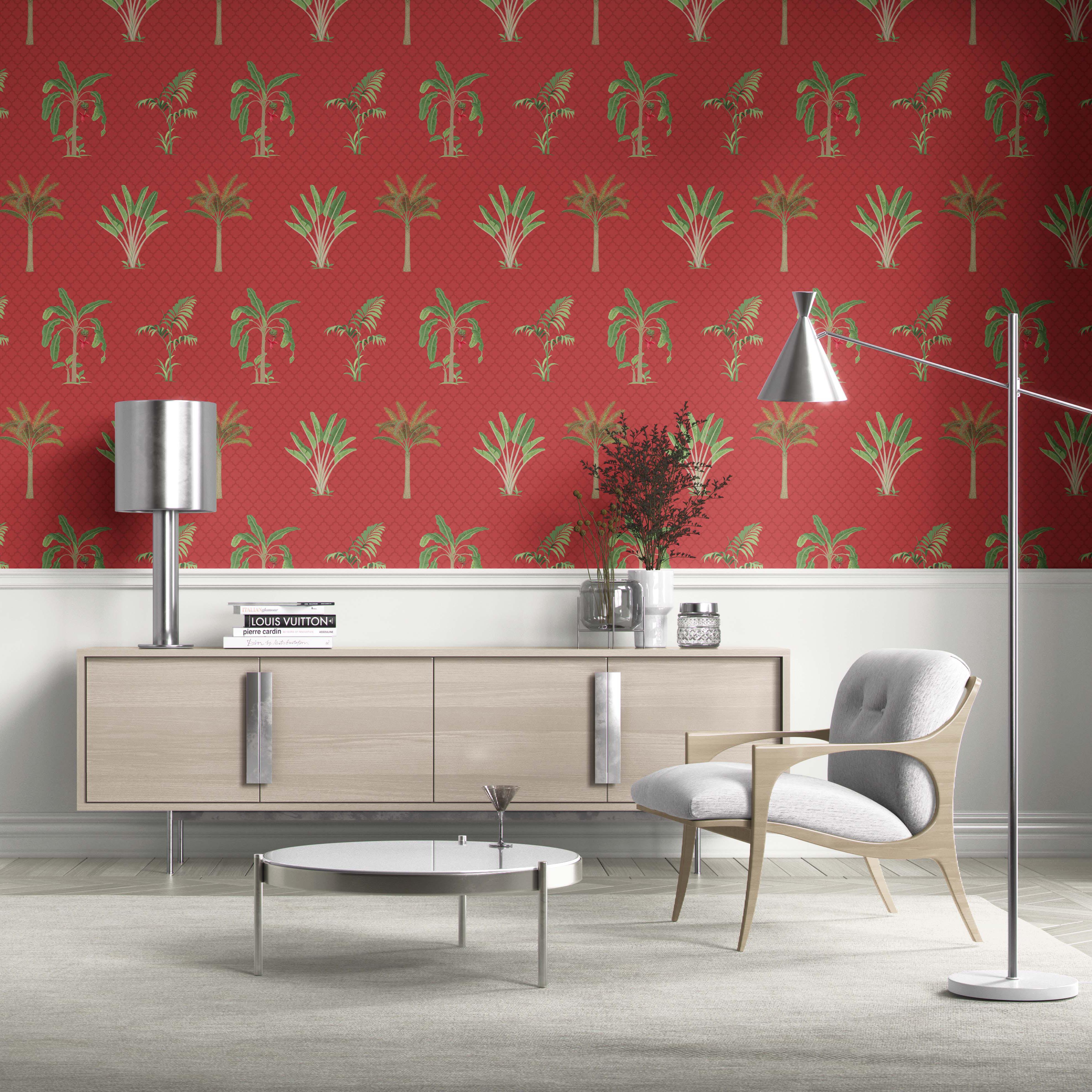 Botanical/ Floral Block Print Traditional Wallpaper Sample (Red-Orange Green)