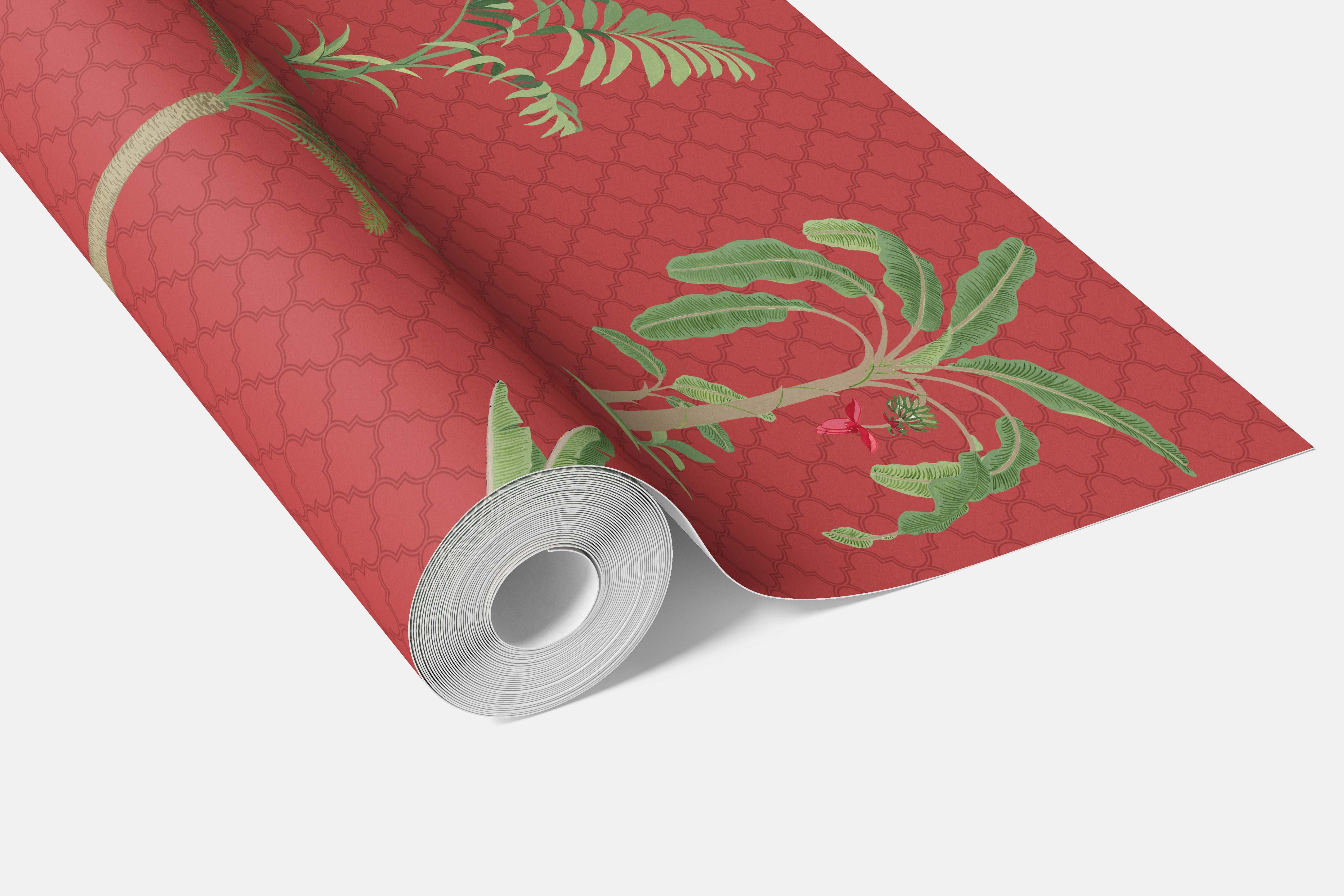 Botanical/ Floral Block Print Bathroom Wallpaper Sample (Red-Orange Green)
