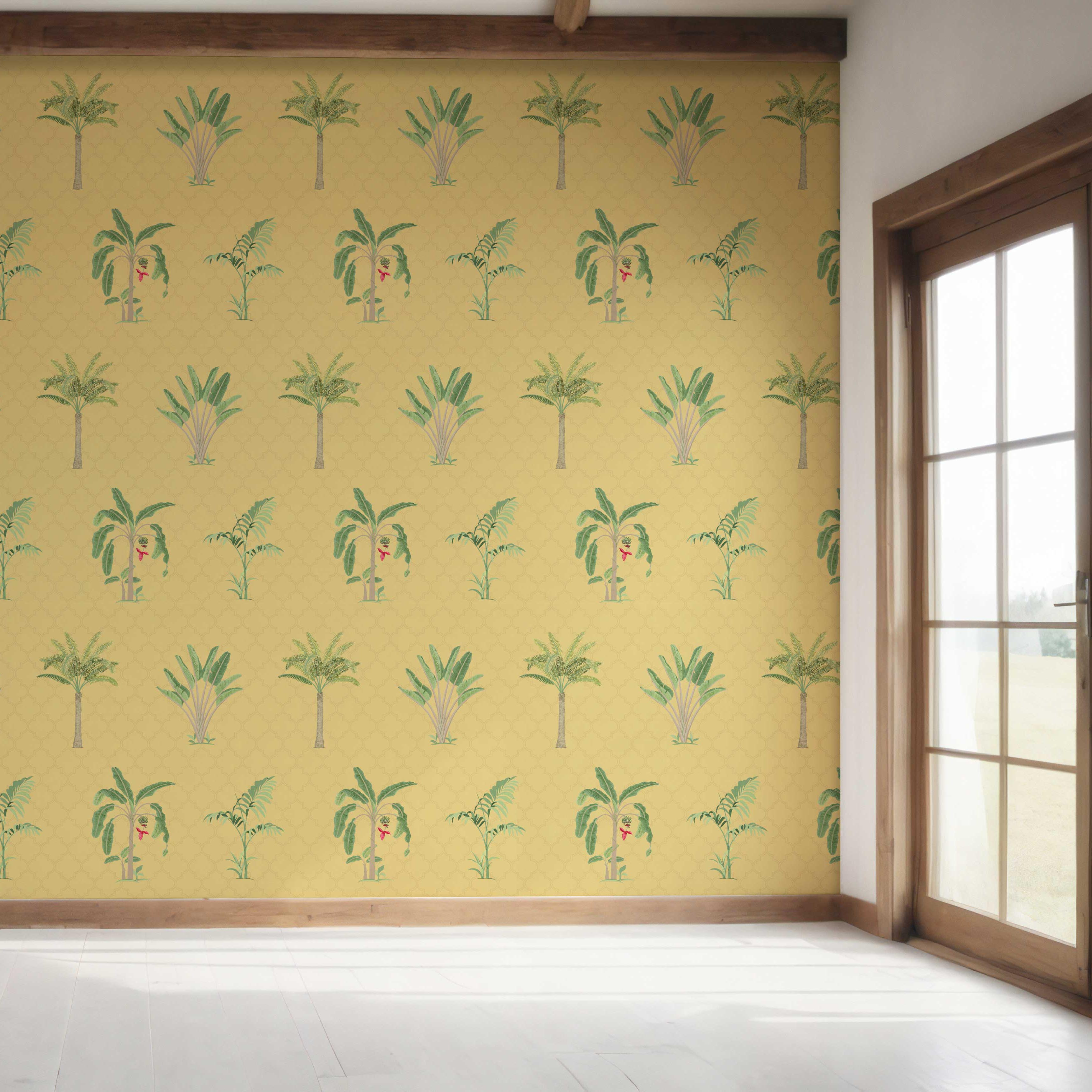 Botanical/ Floral Block Print Bedroom Wallpaper Sample (Yellow/ Green/ Red)