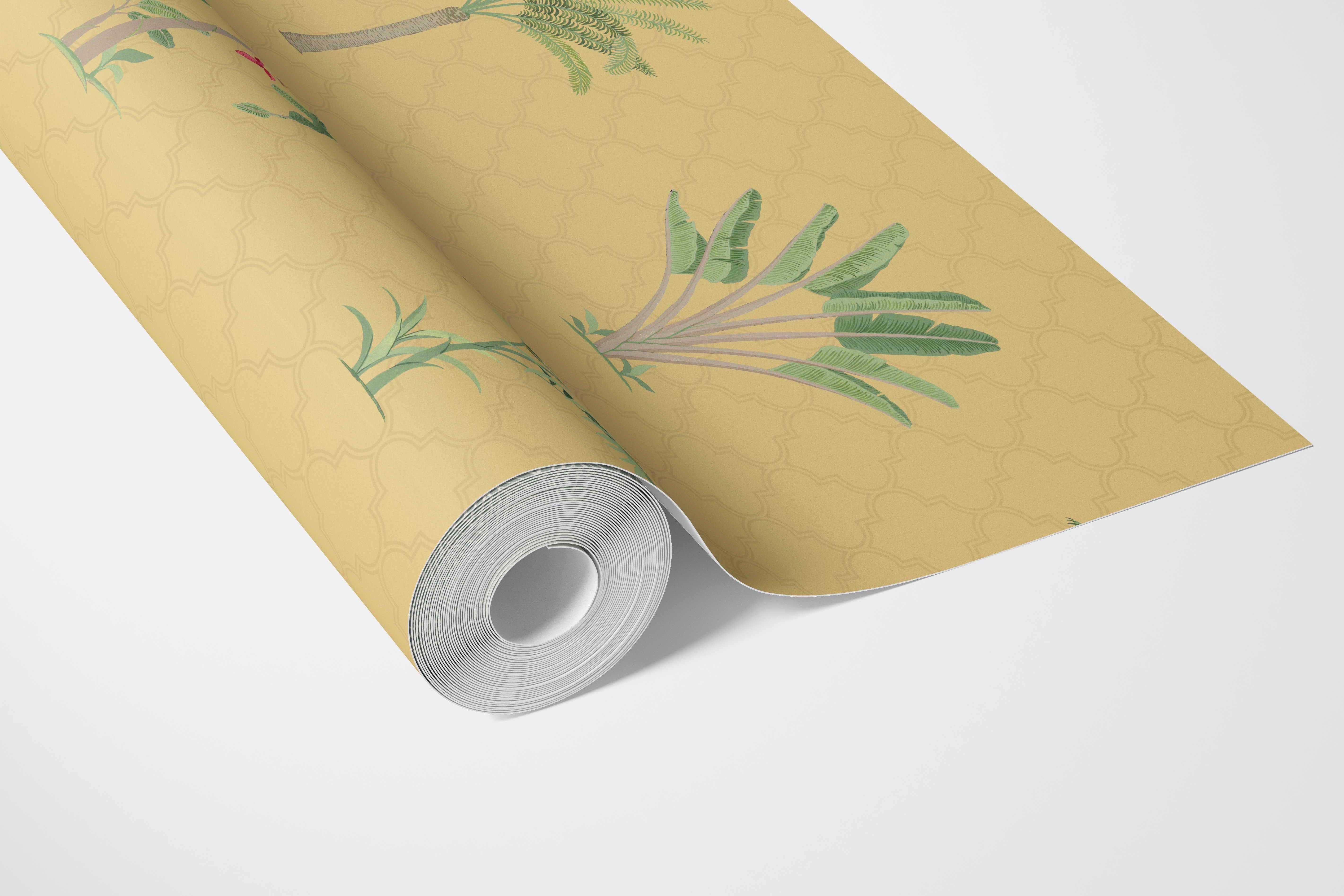 Botanical/ Floral Block Print Bathroom Wallpaper Sample (Yellow/ Green/ Red)