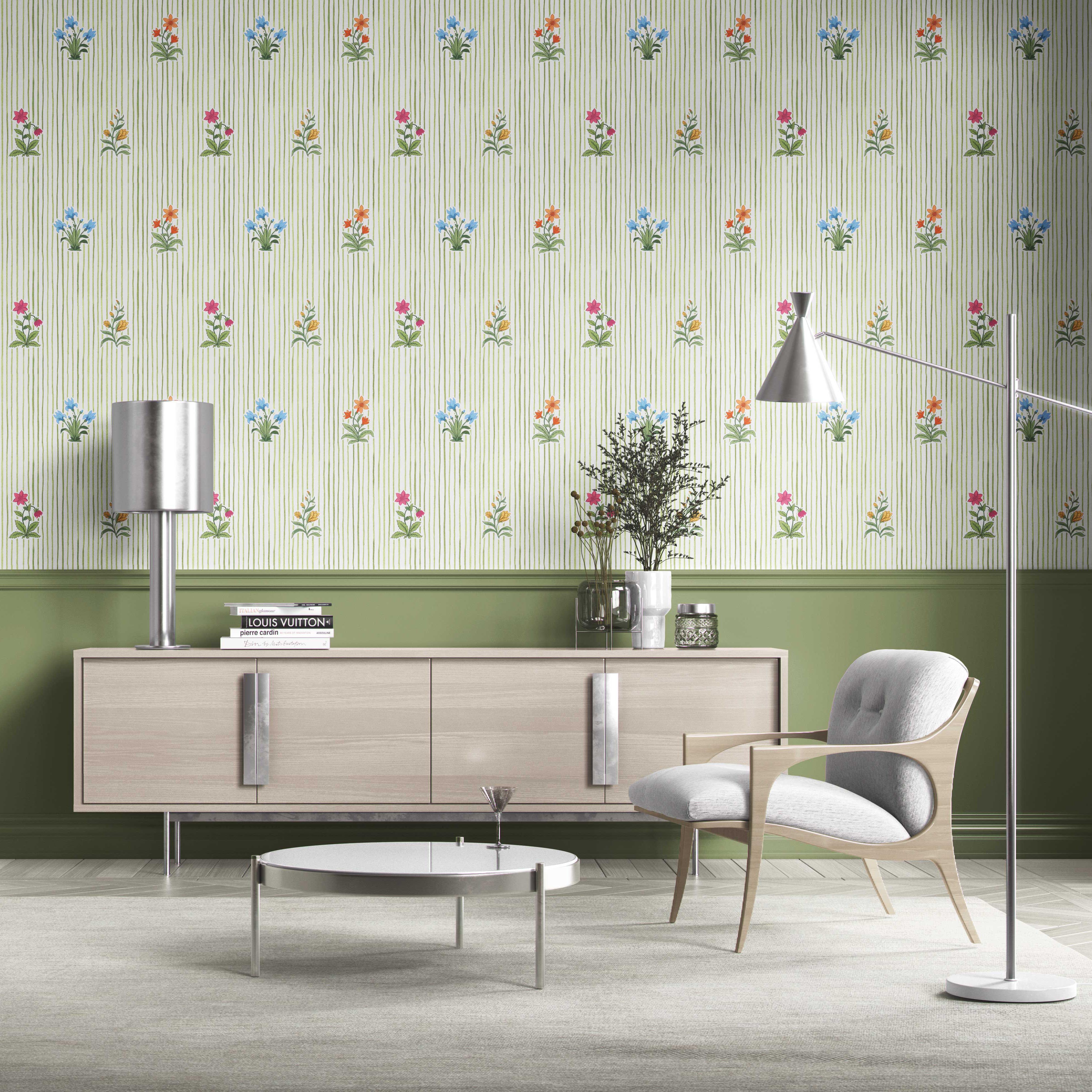 Floral Striped Block Print Kitchen Wallpaper Sample (Green/ Pink/ Blue/ Yellow/ Orange)